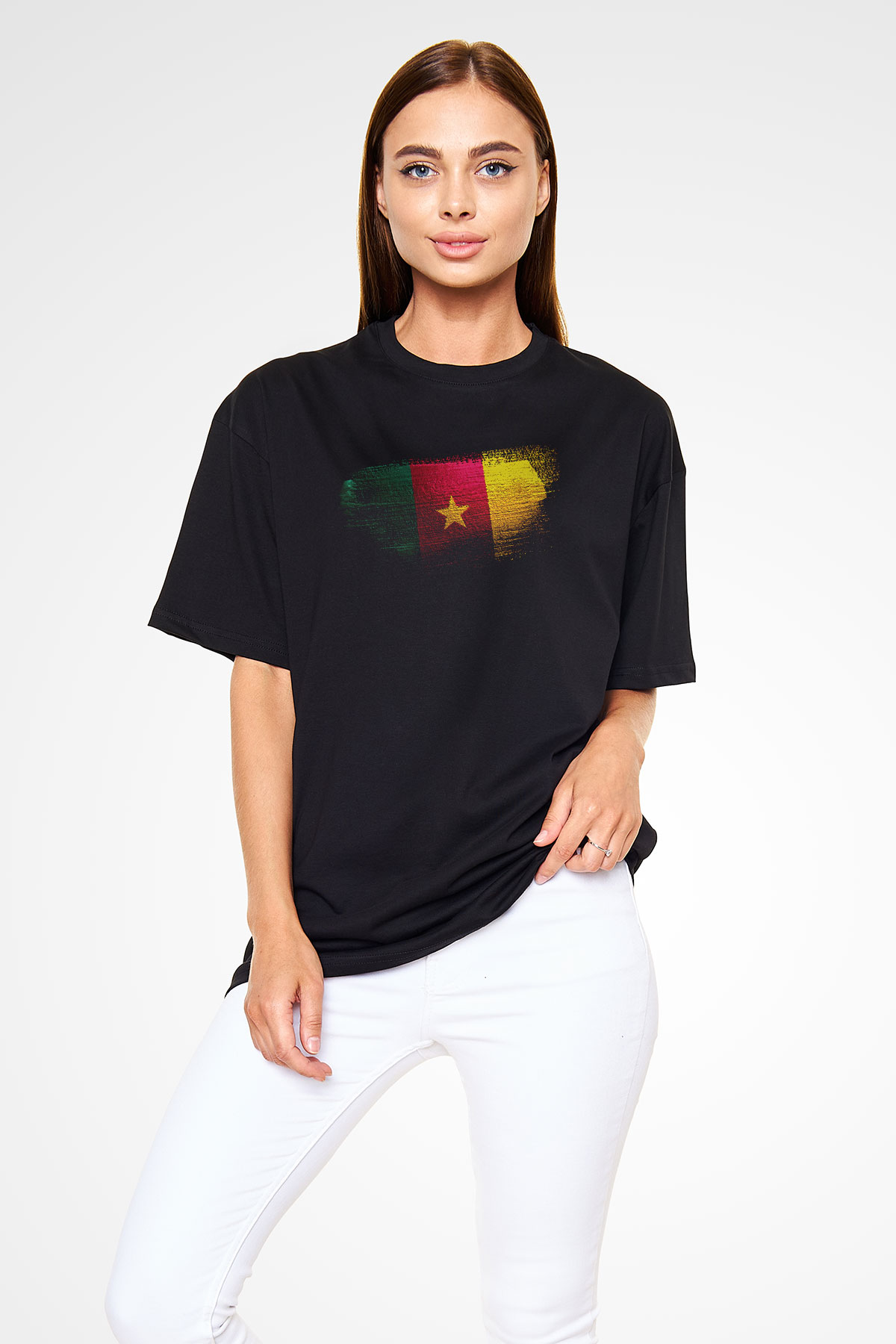 Kamerun - Cameroon Bayrağı Baskılı Unisex Siyah Oversize Tişört