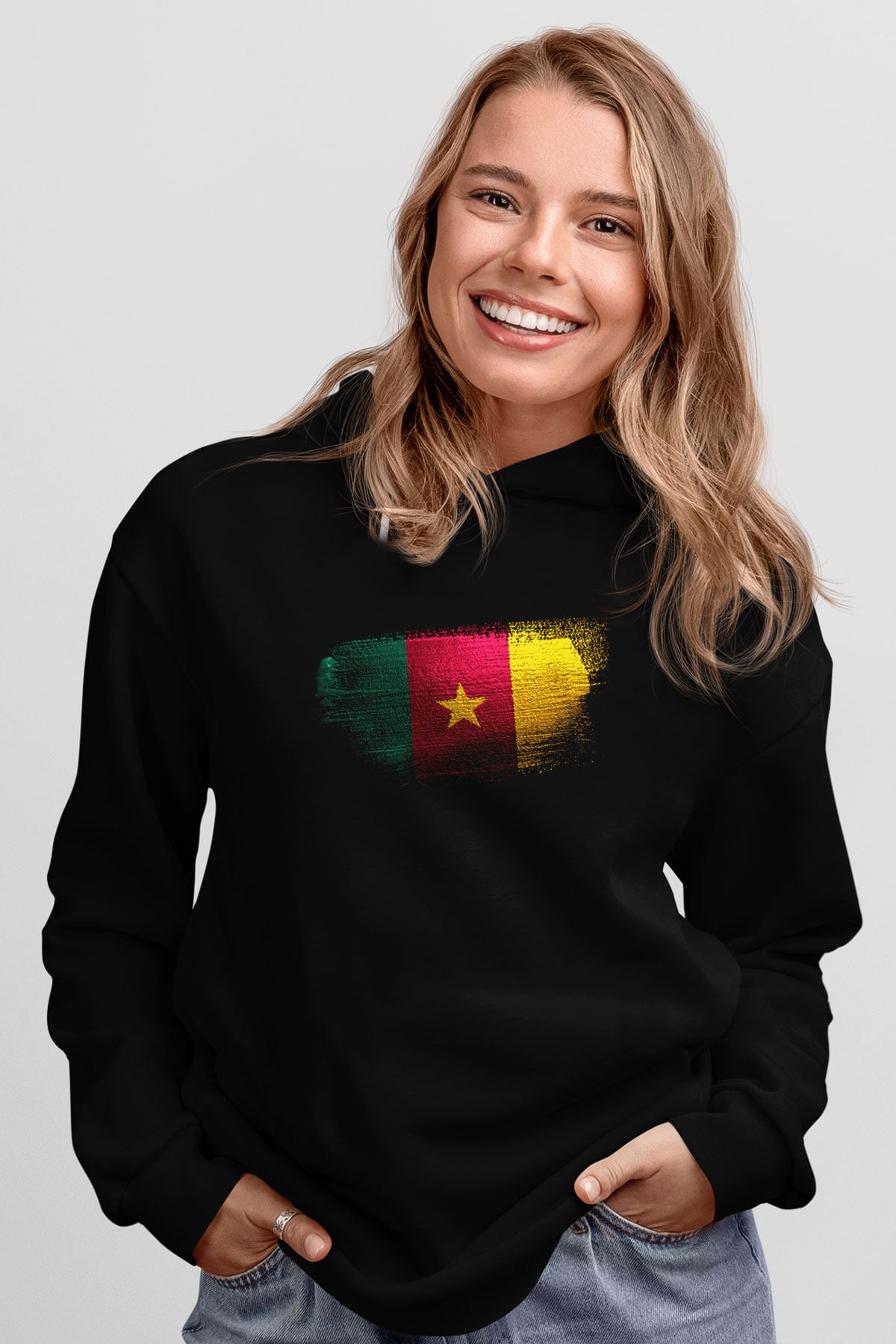 Kamerun - Cameroon Bayrağı Baskılı Unisex Siyah Hoodie
