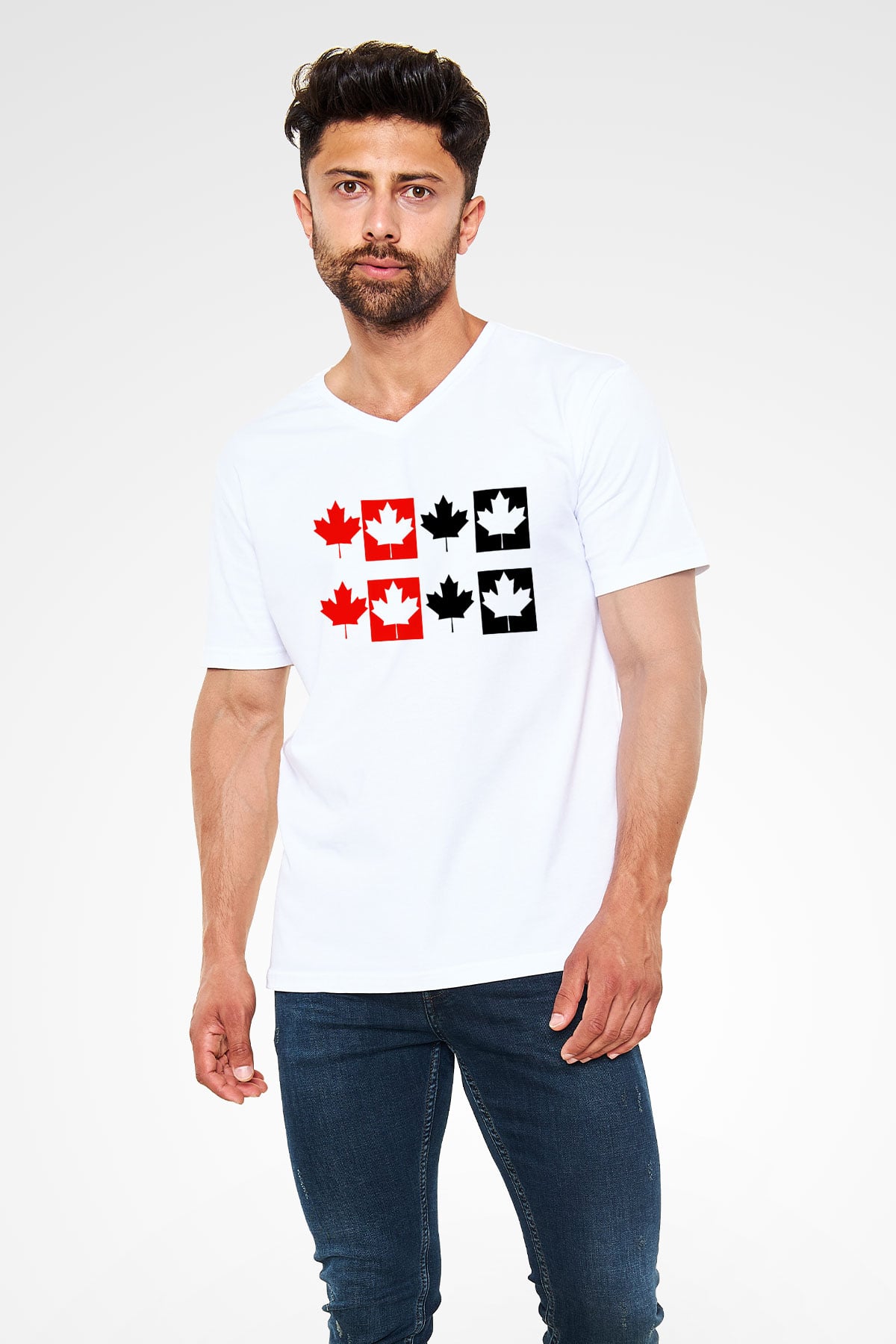 Kanada Beyaz Unisex V Yaka Tişört T-Shirt
