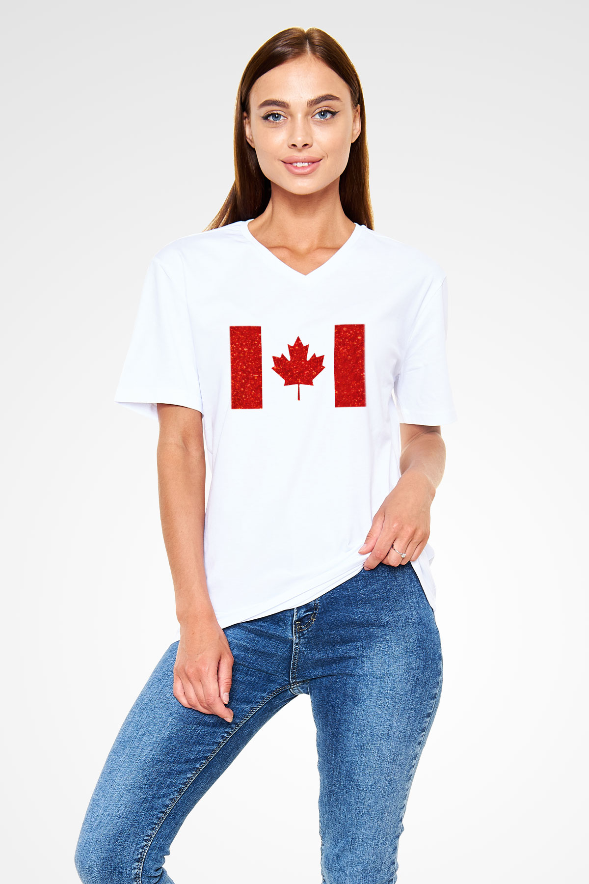 Kanada Beyaz Unisex V Yaka Tişört T-Shirt