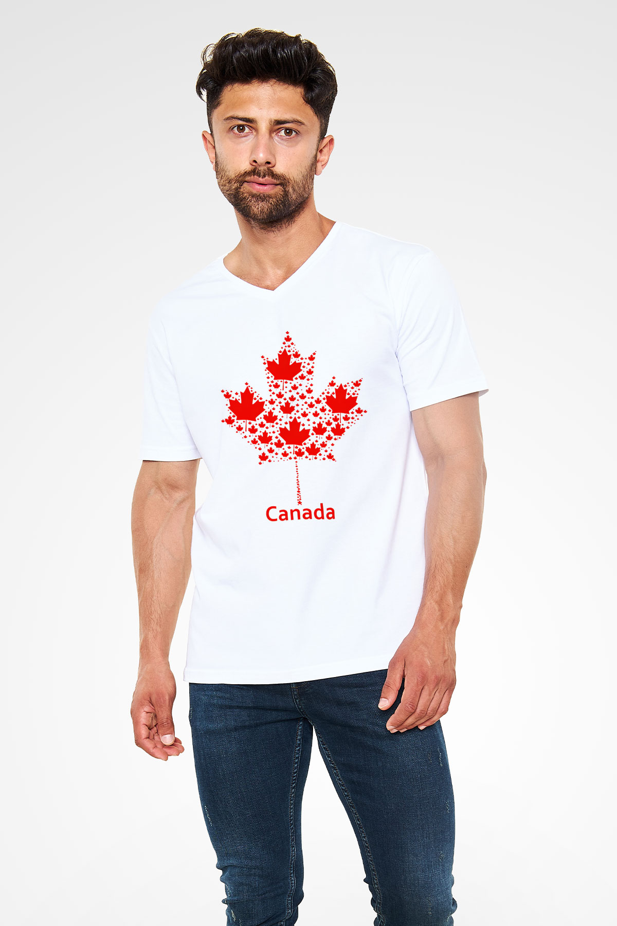 Kanada Beyaz Unisex V Yaka Tişört T-Shirt