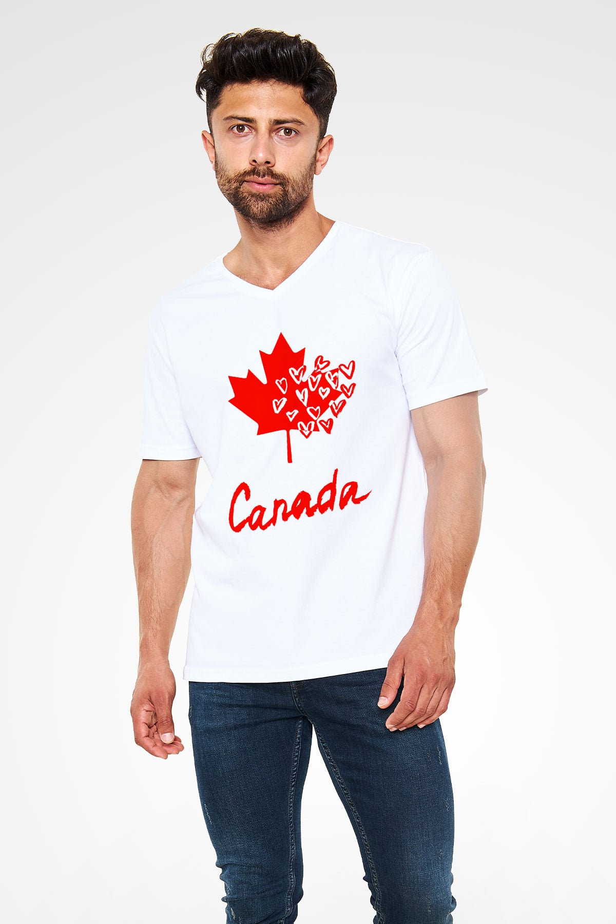 Kanada Beyaz Unisex V Yaka Tişört T-Shirt