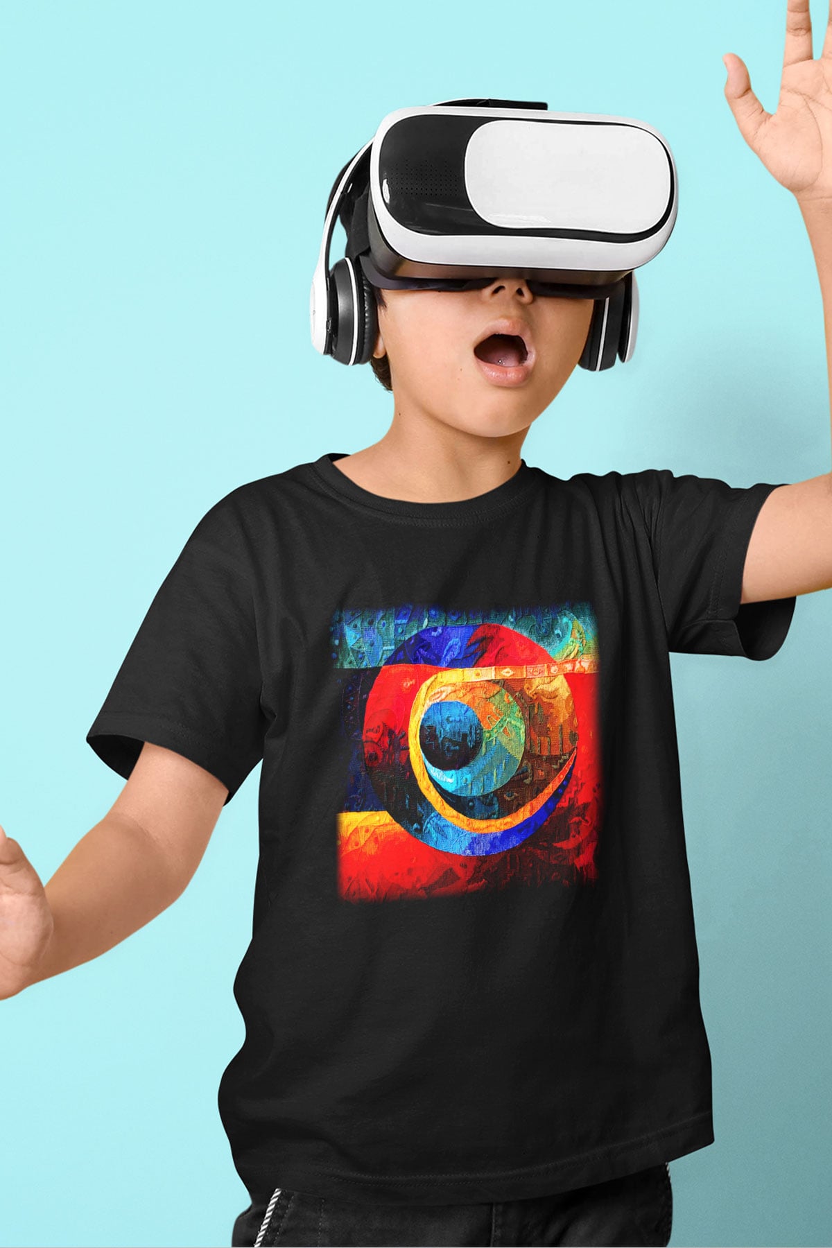 Kanaviçe Baskılı Siyah Unisex Çocuk Tişört