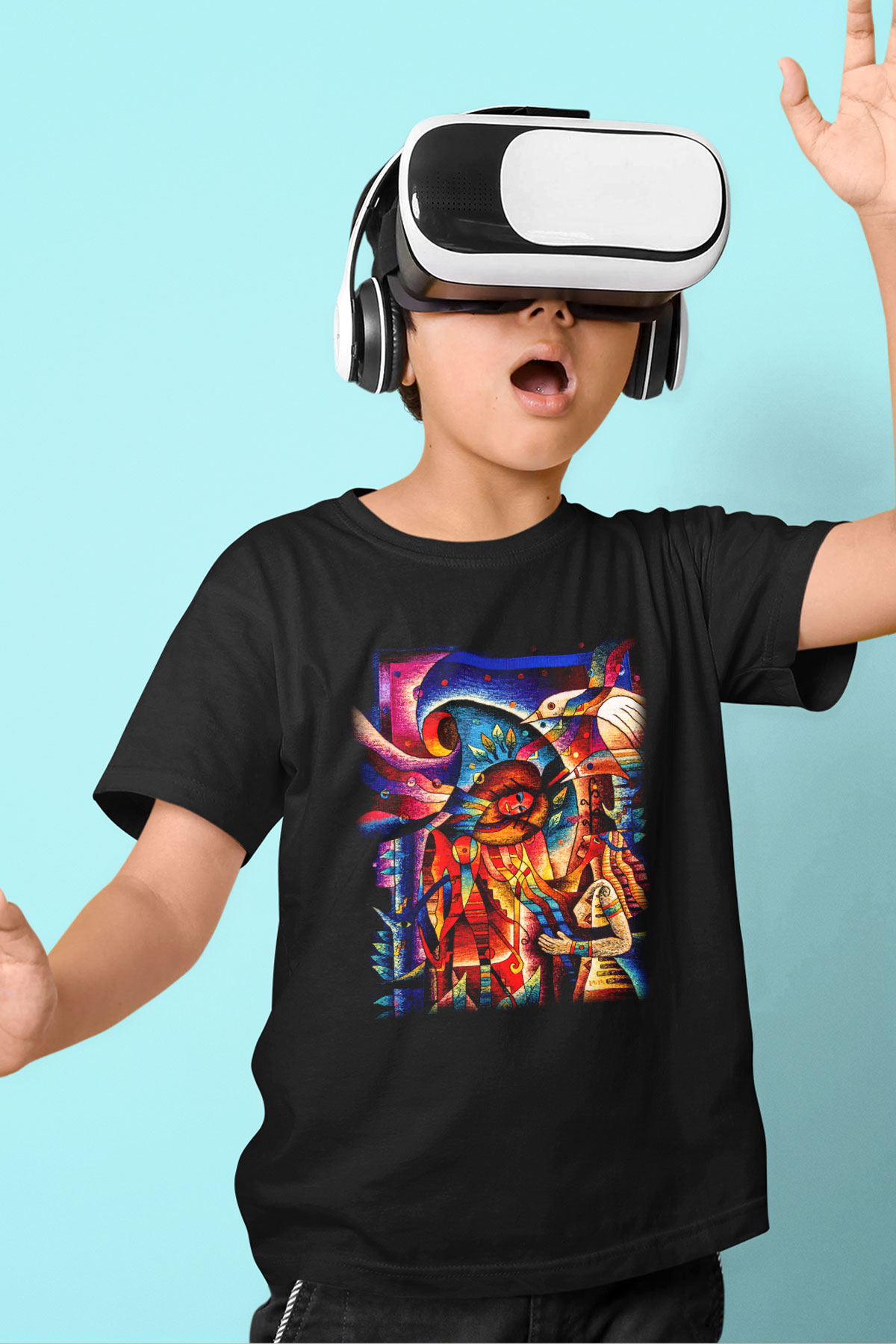 Kanaviçe Baskılı Siyah Unisex Çocuk Tişört