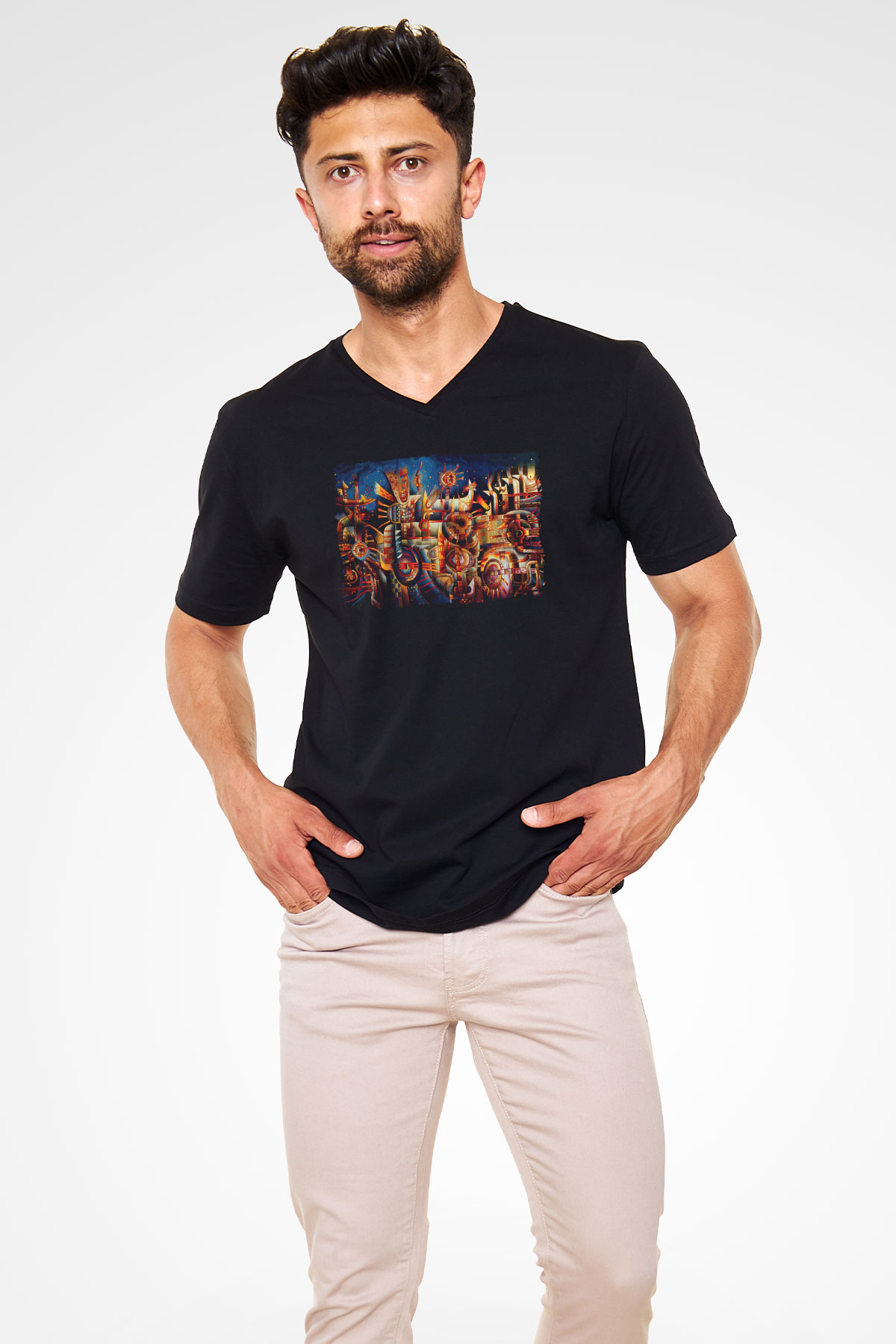 Kanaviçe Siyah Unisex V Yaka Tişört