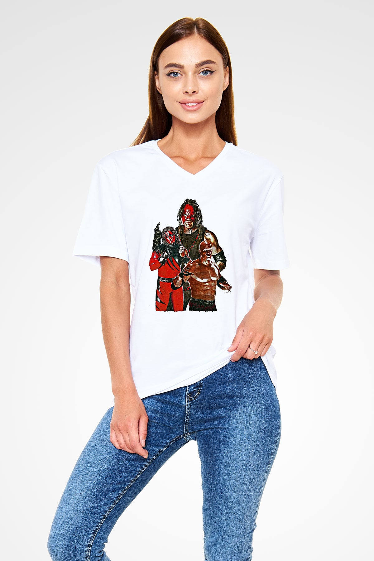 Kane Baskılı Beyaz Unisex V Yaka Tişört - Tshirt