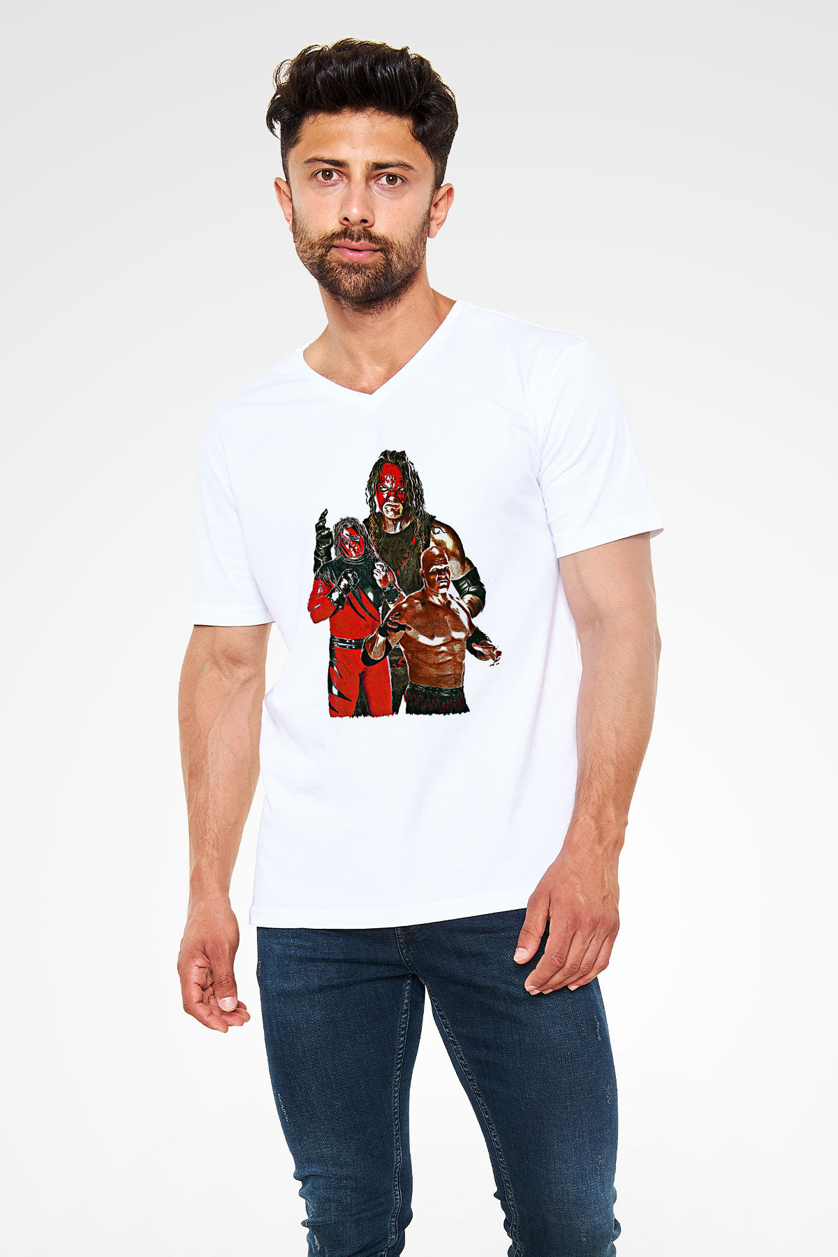 Kane Baskılı Beyaz Unisex V Yaka Tişört - Tshirt