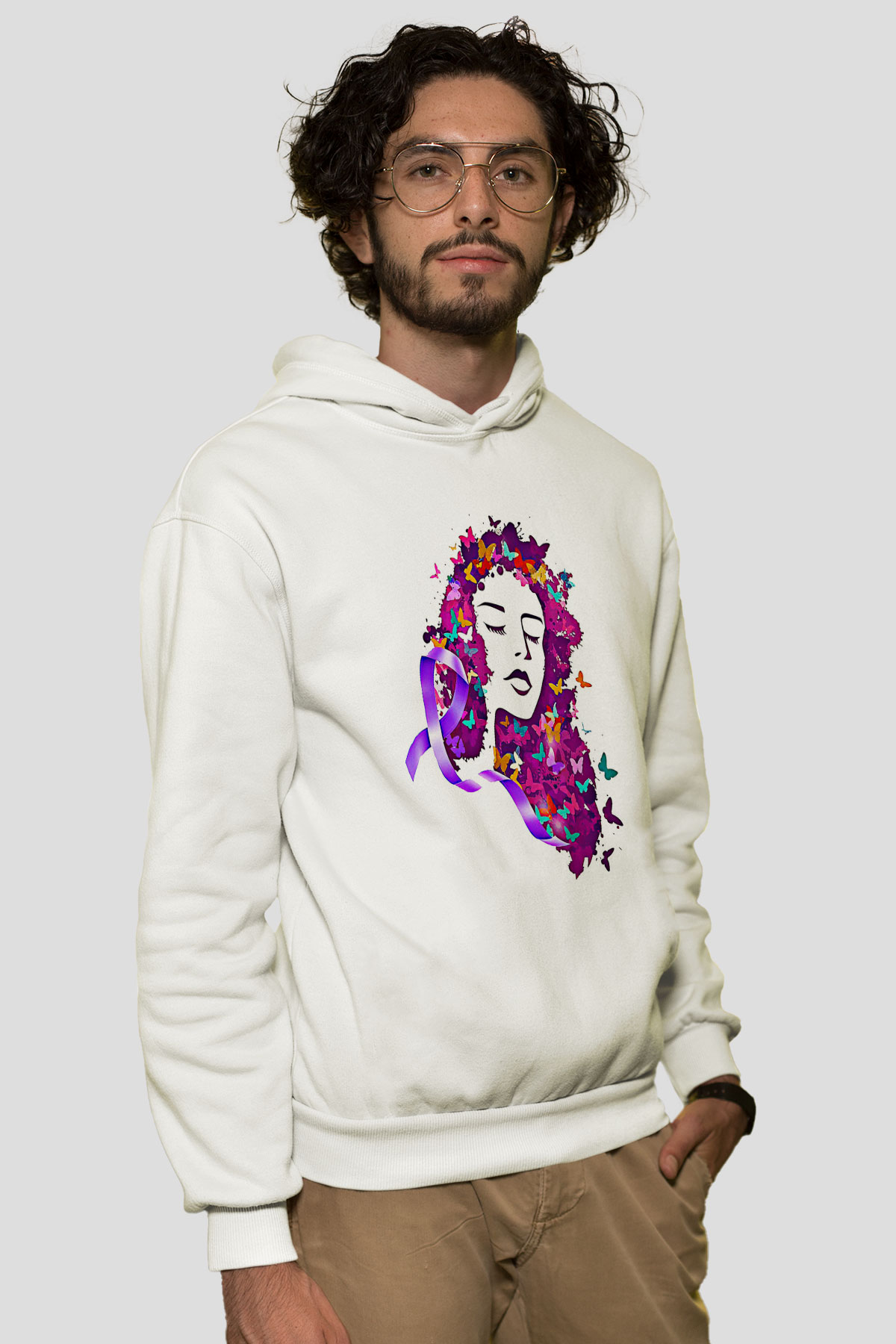 Kanser Günü Baskılı Beyaz Unisex Kapüşonlu Sweatshirt