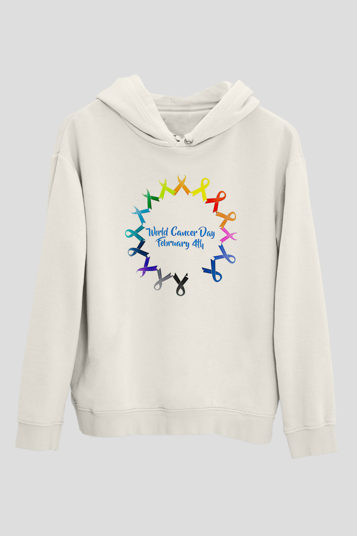 Kanser Günü Baskılı Beyaz Unisex Kapüşonlu Sweatshirt
