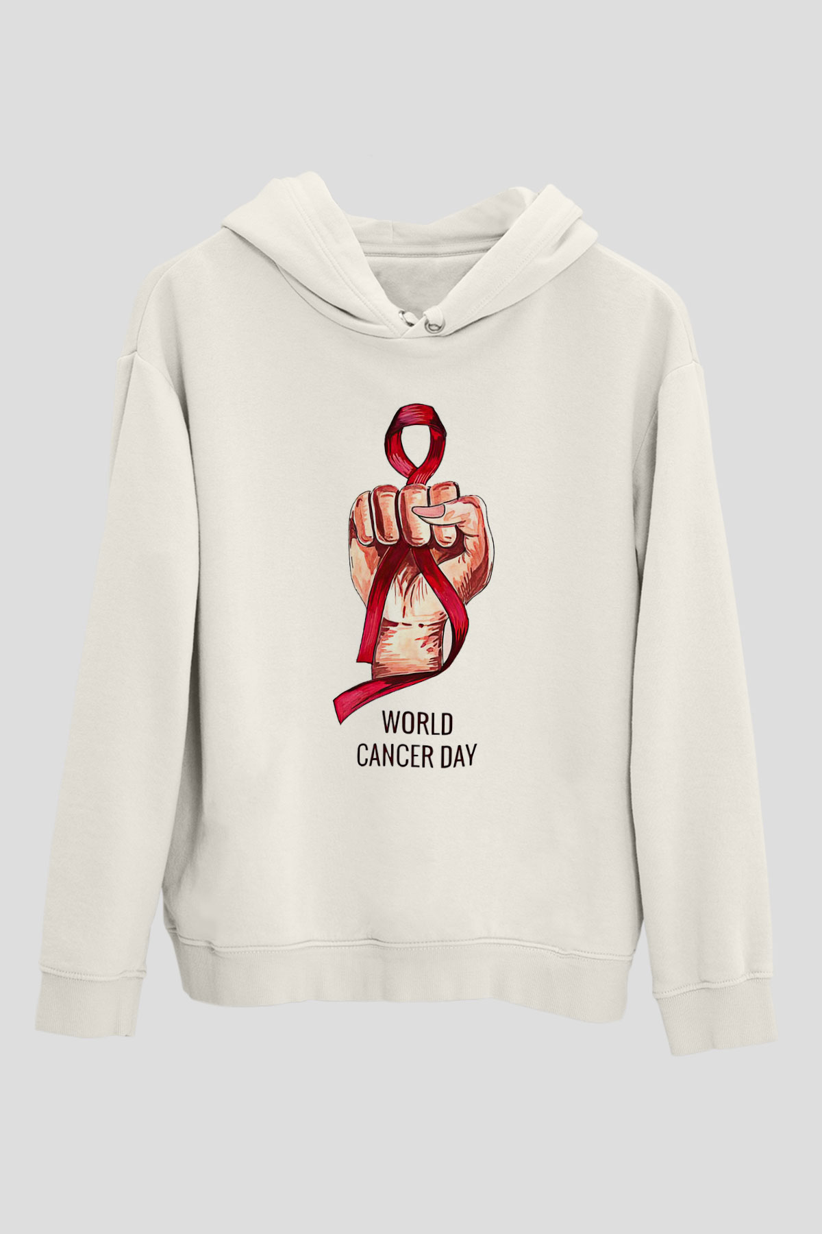 Kanser Günü Baskılı Beyaz Unisex Kapüşonlu Sweatshirt