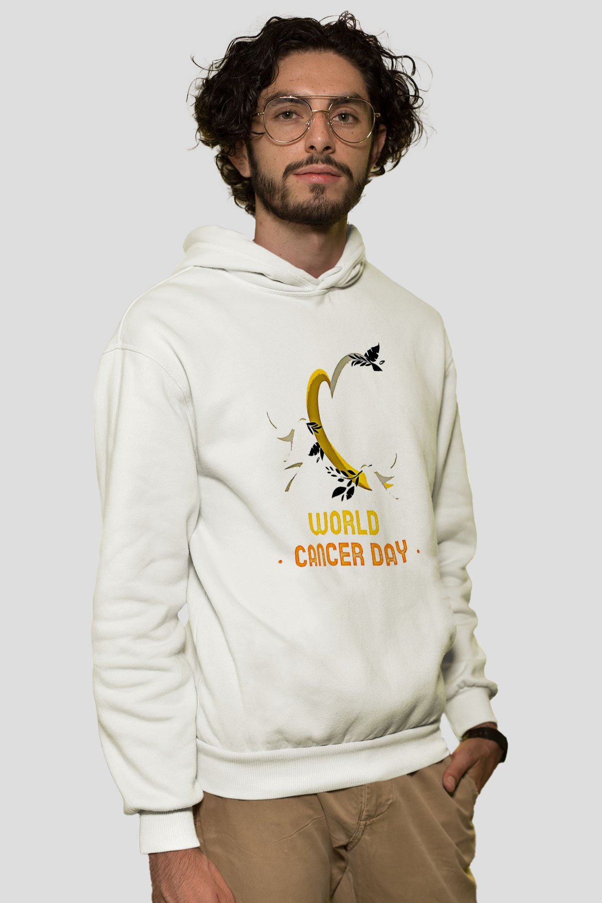 Kanser Günü Baskılı Beyaz Unisex Kapüşonlu Sweatshirt