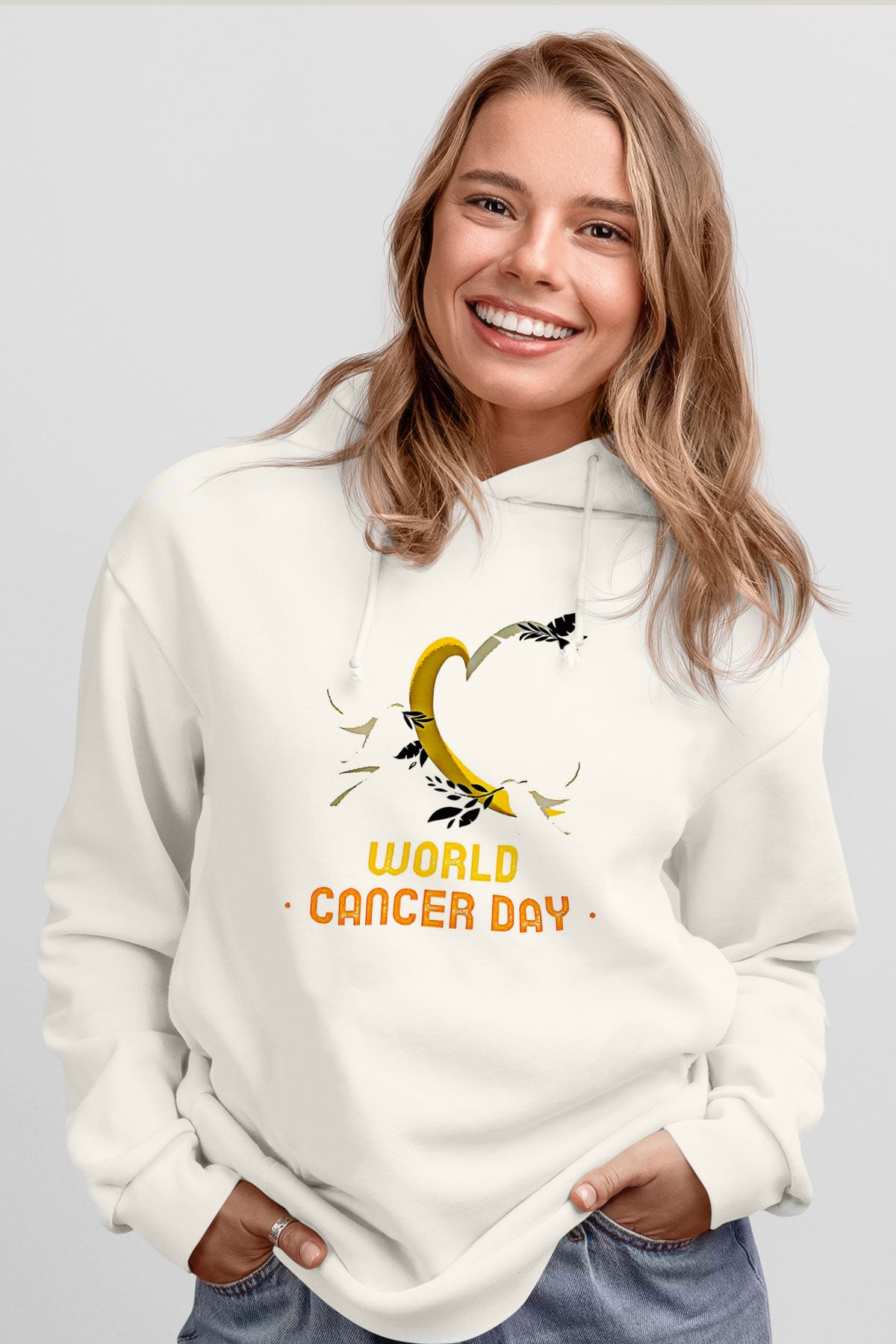 Kanser Günü Baskılı Beyaz Unisex Kapüşonlu Sweatshirt
