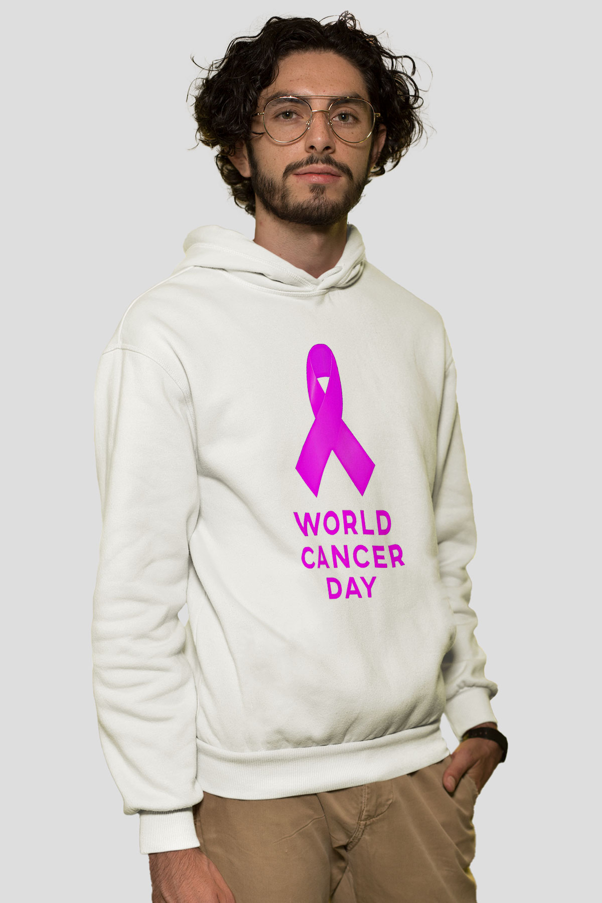 Kanser Günü Baskılı Beyaz Unisex Kapüşonlu Sweatshirt