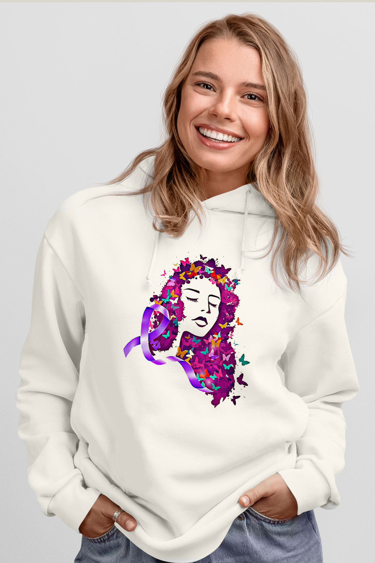 Kanser Günü Baskılı Beyaz Unisex Kapüşonlu Sweatshirt