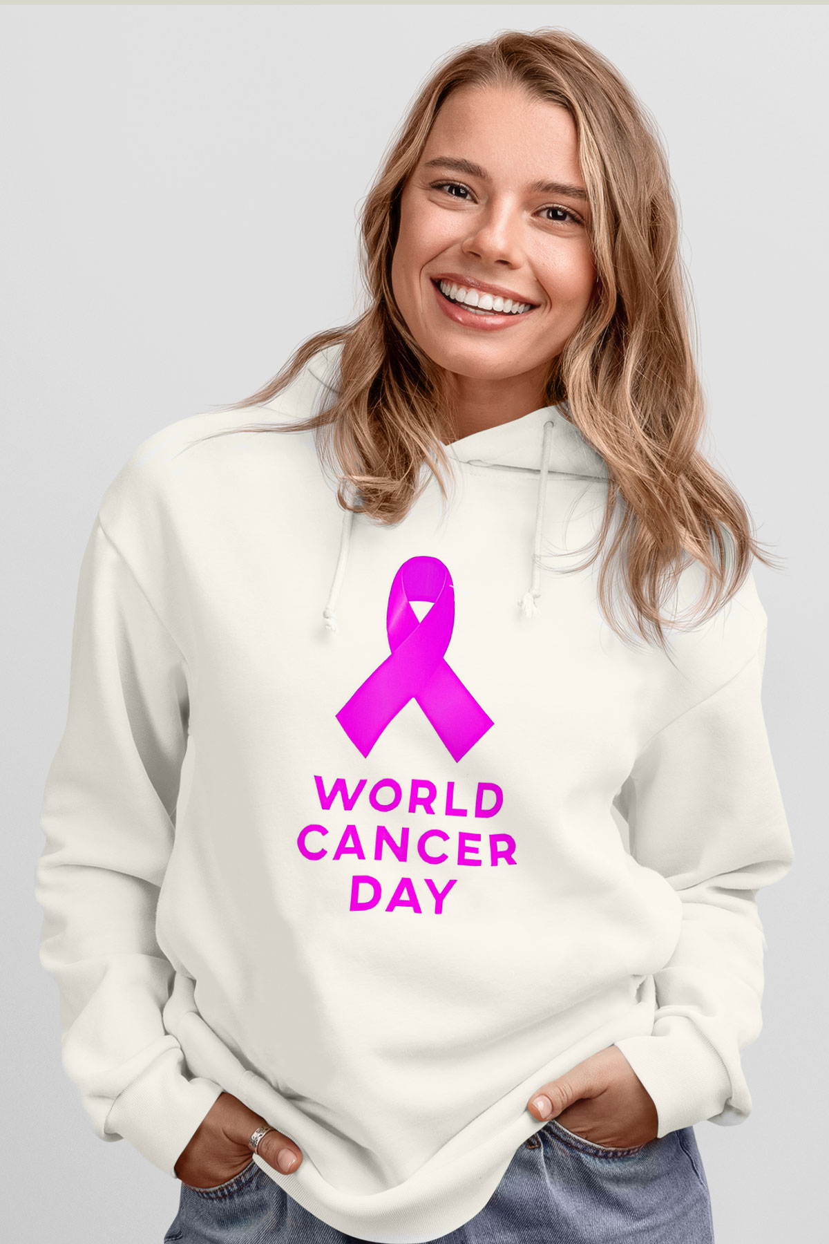 Kanser Günü Baskılı Beyaz Unisex Kapüşonlu Sweatshirt