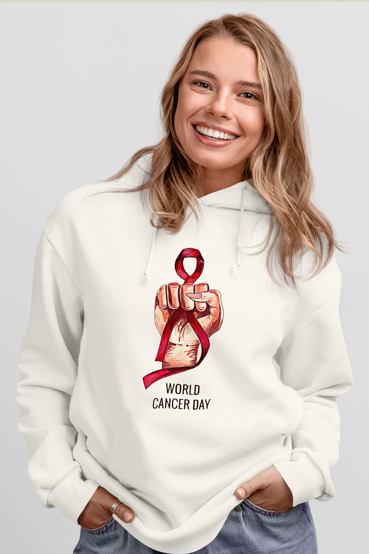 Kanser Günü Baskılı Beyaz Unisex Kapüşonlu Sweatshirt