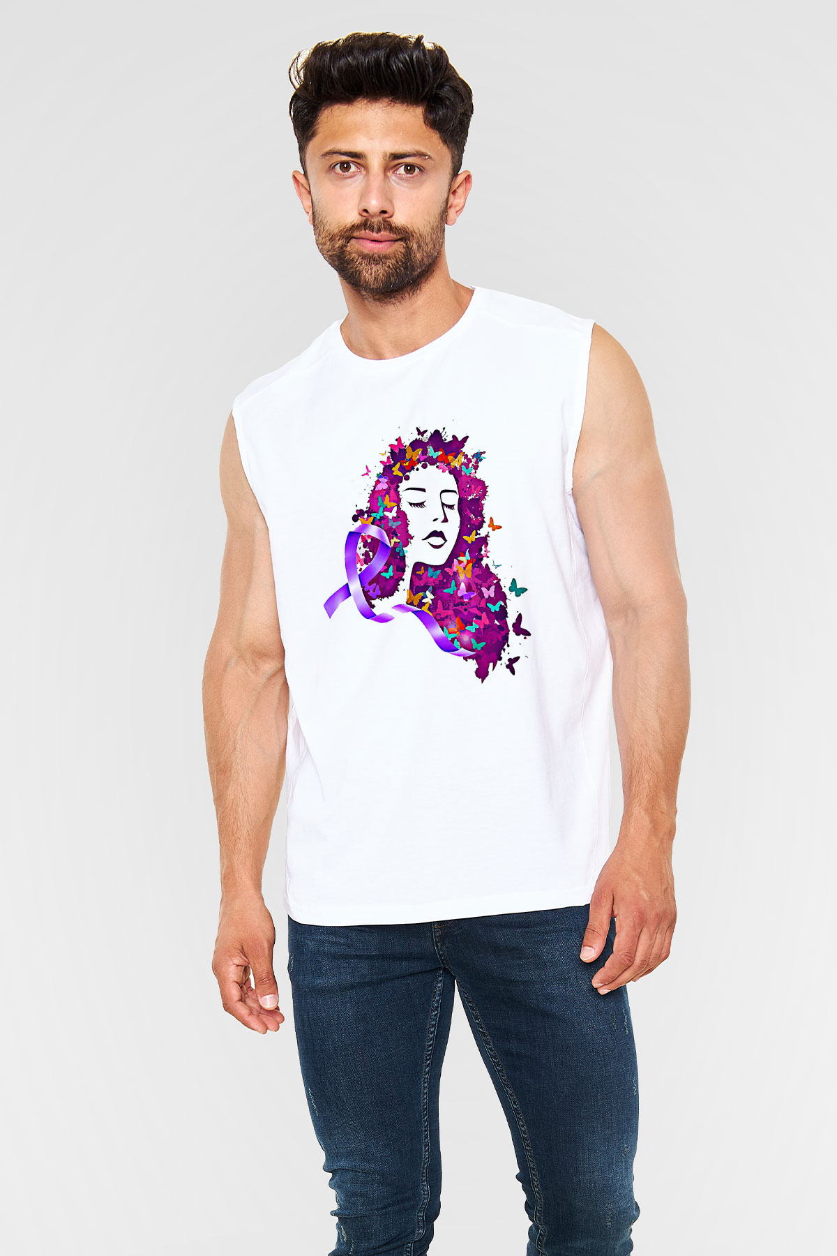 Kanser Günü Baskılı Beyaz Unisex Kolsuz Tişört - Tshirt