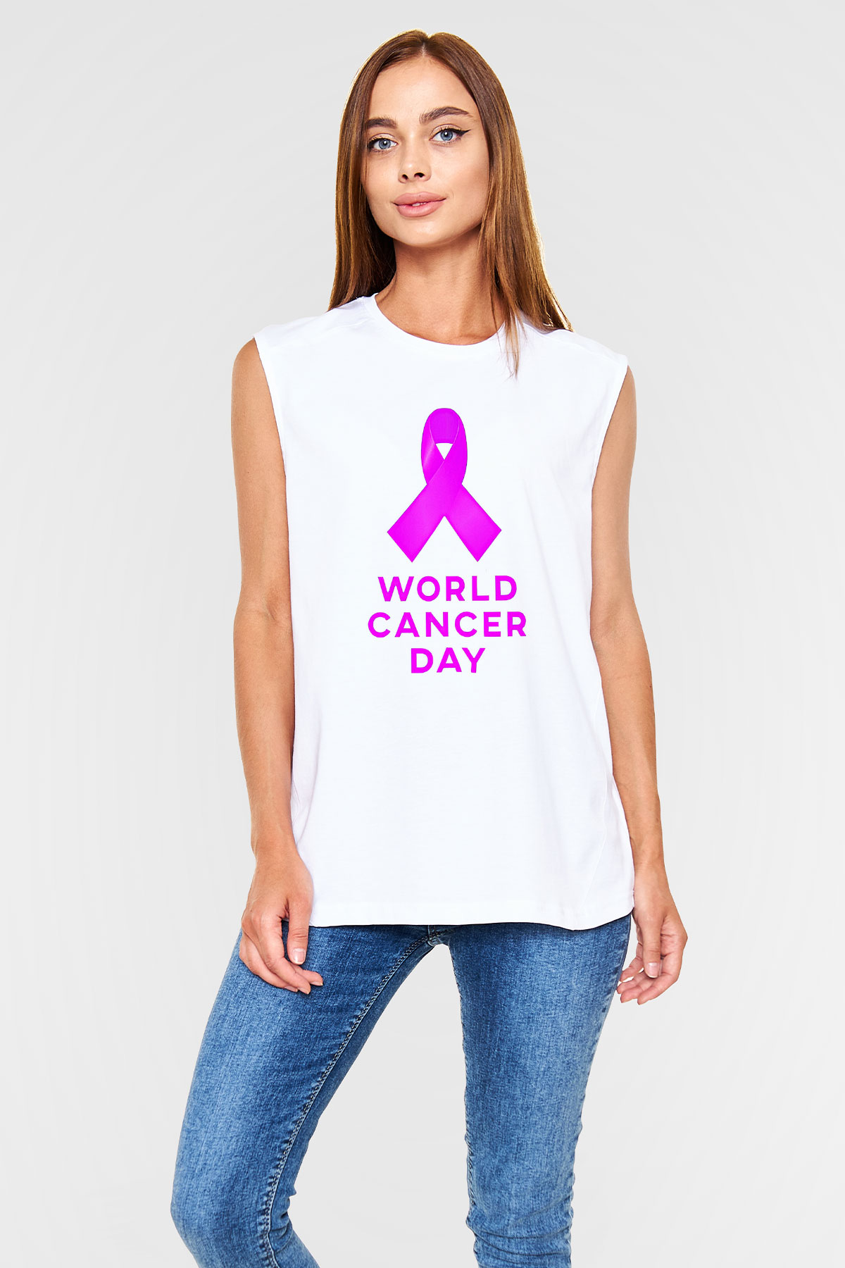 Kanser Günü Baskılı Beyaz Unisex Kolsuz Tişört - Tshirt