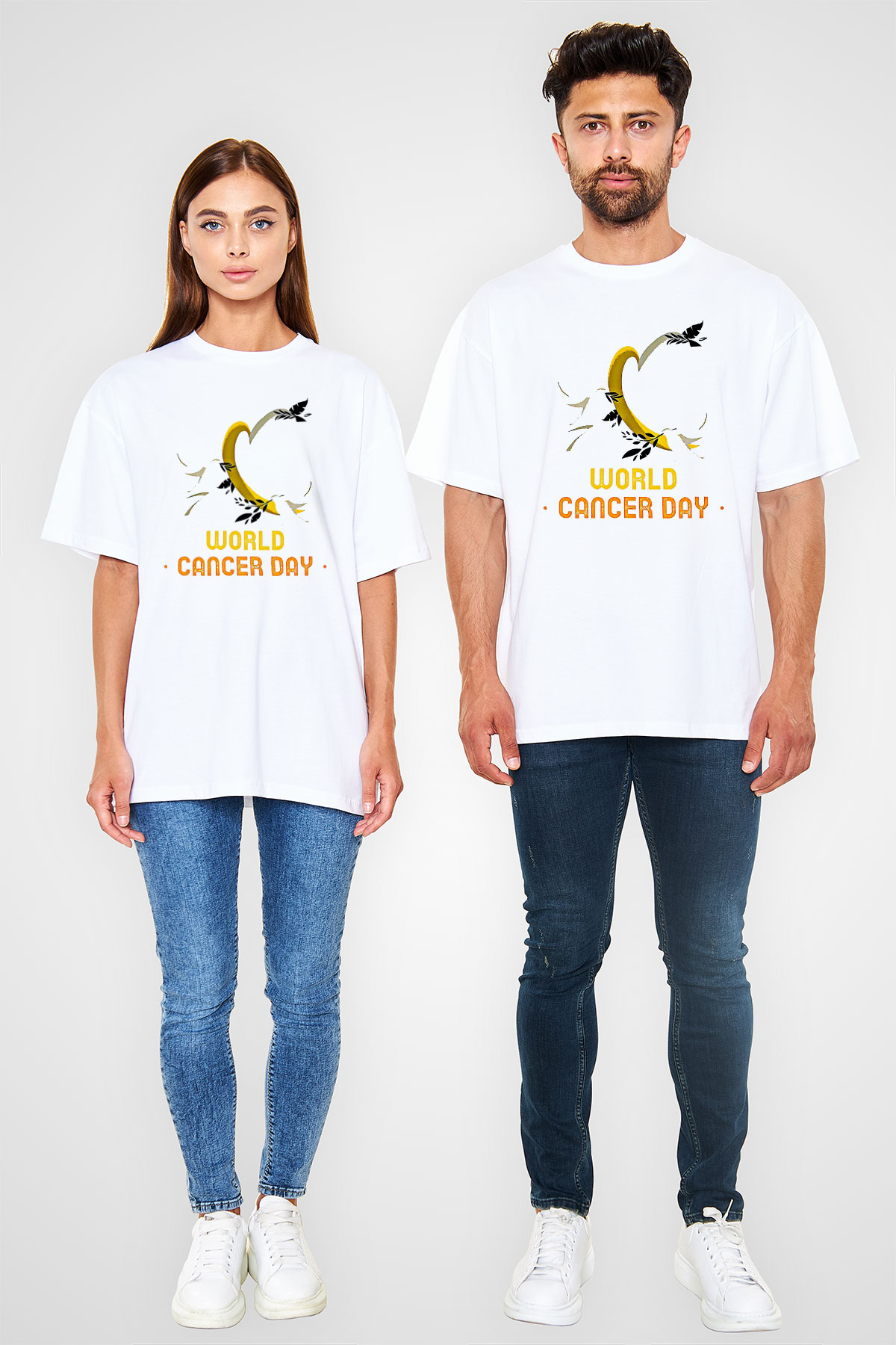 Kanser Günü Baskılı Beyaz Unisex Oversize Tişört - Tshirt