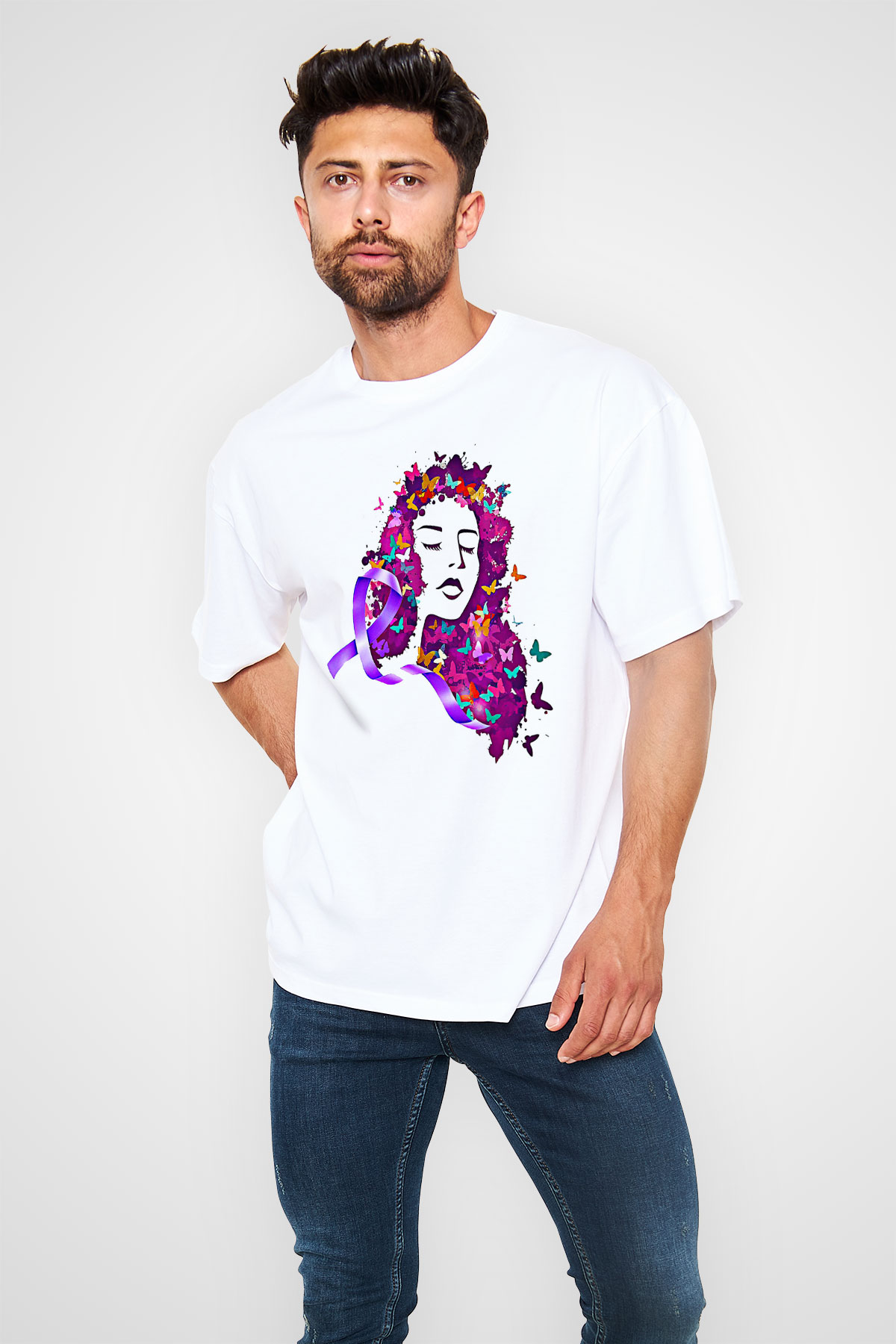 Kanser Günü Baskılı Beyaz Unisex Oversize Tişört - Tshirt