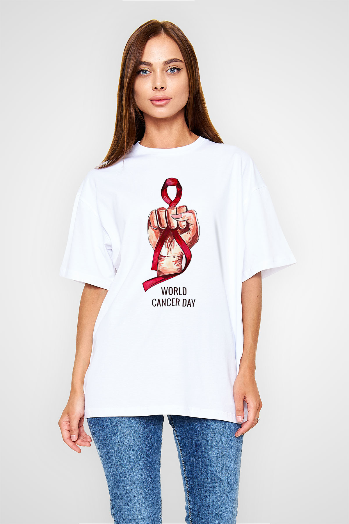 Kanser Günü Baskılı Beyaz Unisex Oversize Tişört - Tshirt