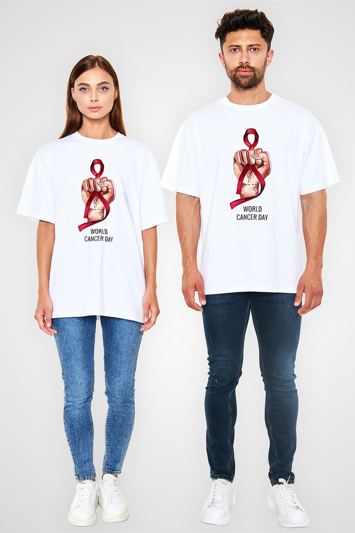 Kanser Günü Baskılı Beyaz Unisex Oversize Tişört - Tshirt