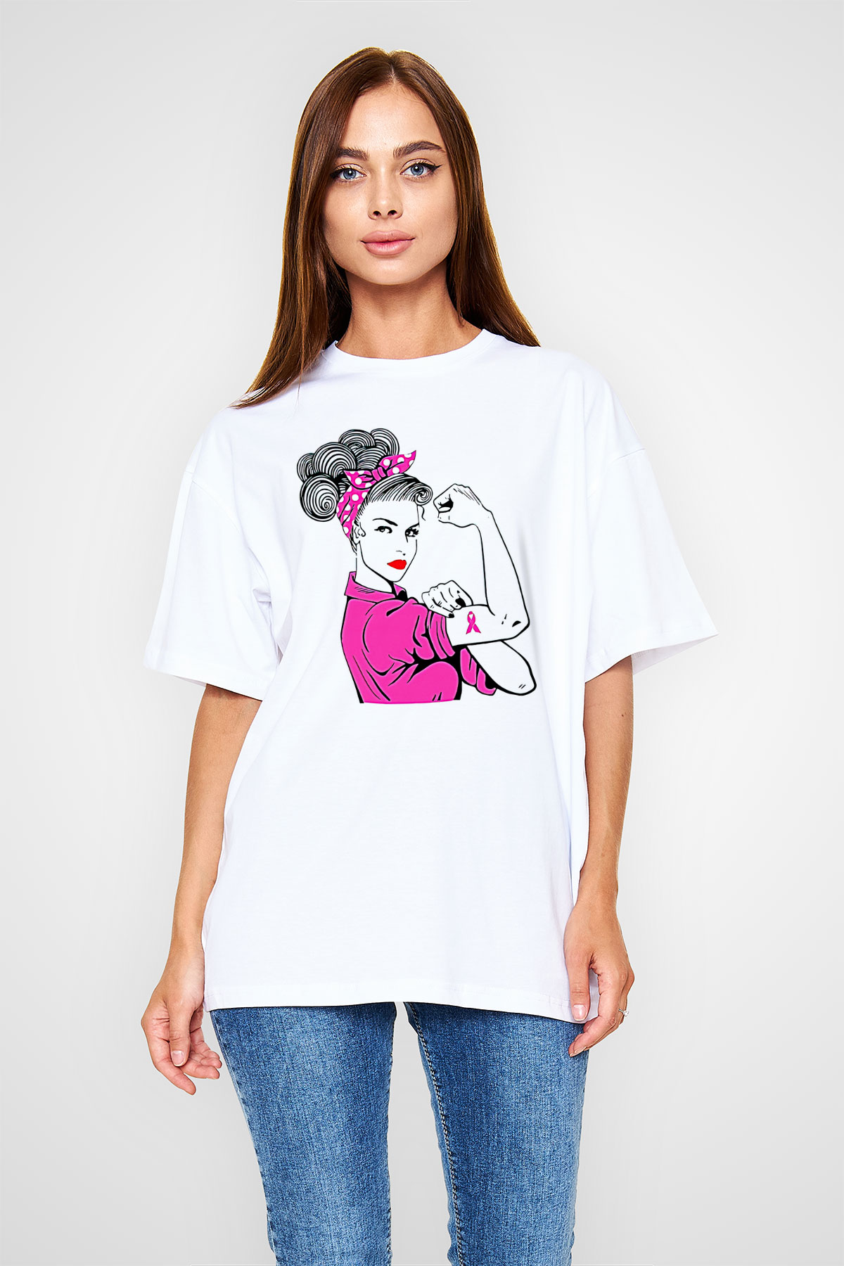 Kanser Günü Baskılı Beyaz Unisex Oversize Tişört - Tshirt