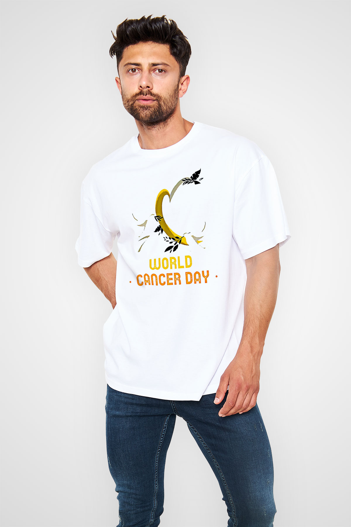 Kanser Günü Baskılı Beyaz Unisex Oversize Tişört - Tshirt
