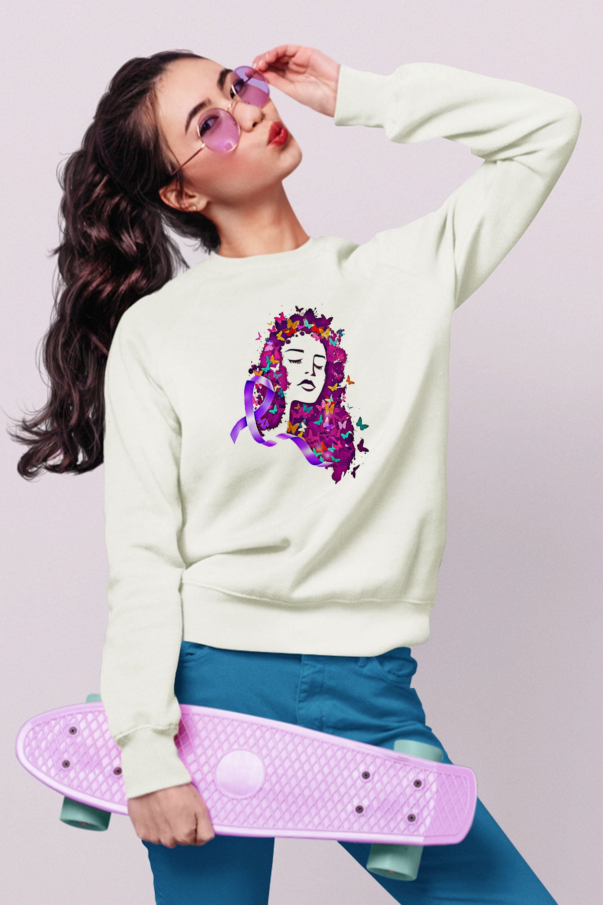 Kanser Günü Baskılı Beyaz Unisex Sweatshirt