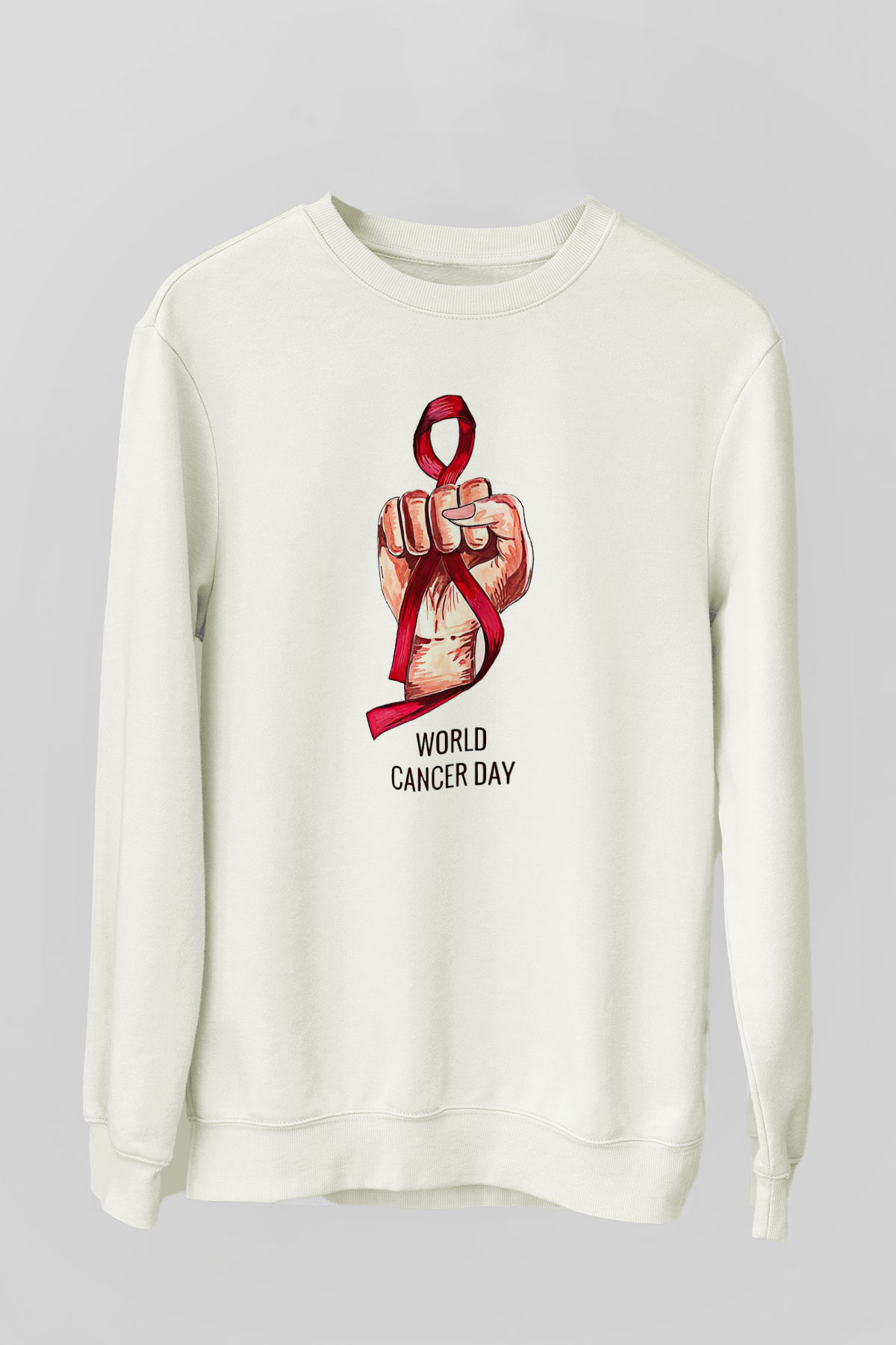 Kanser Günü Baskılı Beyaz Unisex Sweatshirt