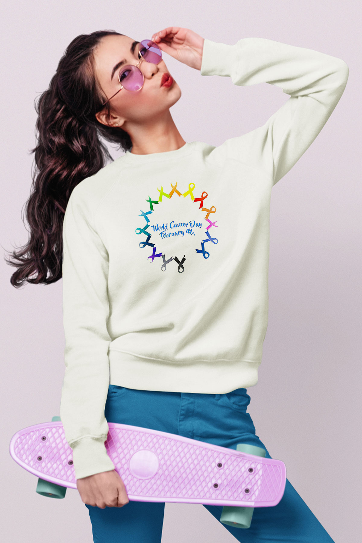 Kanser Günü Baskılı Beyaz Unisex Sweatshirt