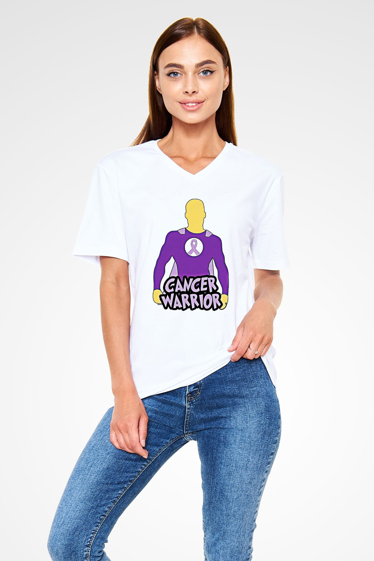 Kanser Günü Baskılı Beyaz Unisex V Yaka Tişört - Tshirt