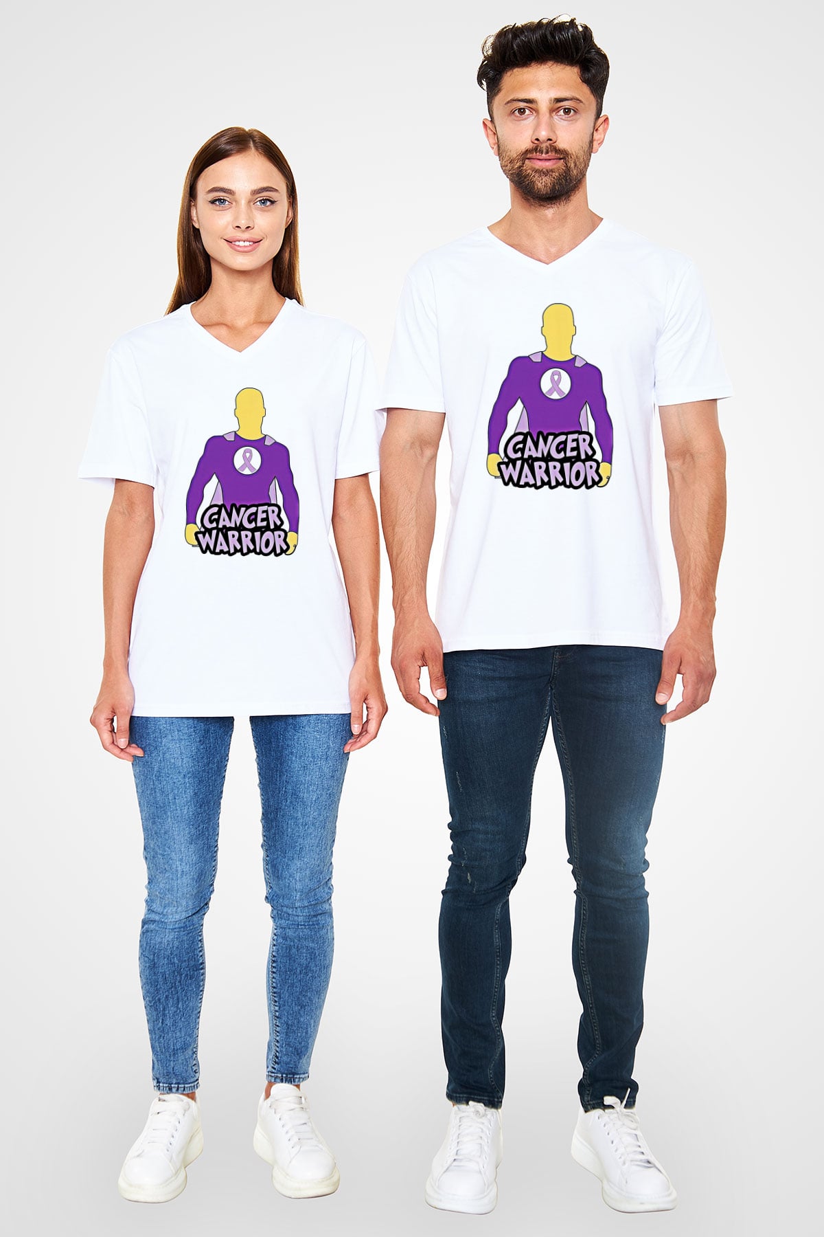 Kanser Günü Baskılı Beyaz Unisex V Yaka Tişört - Tshirt