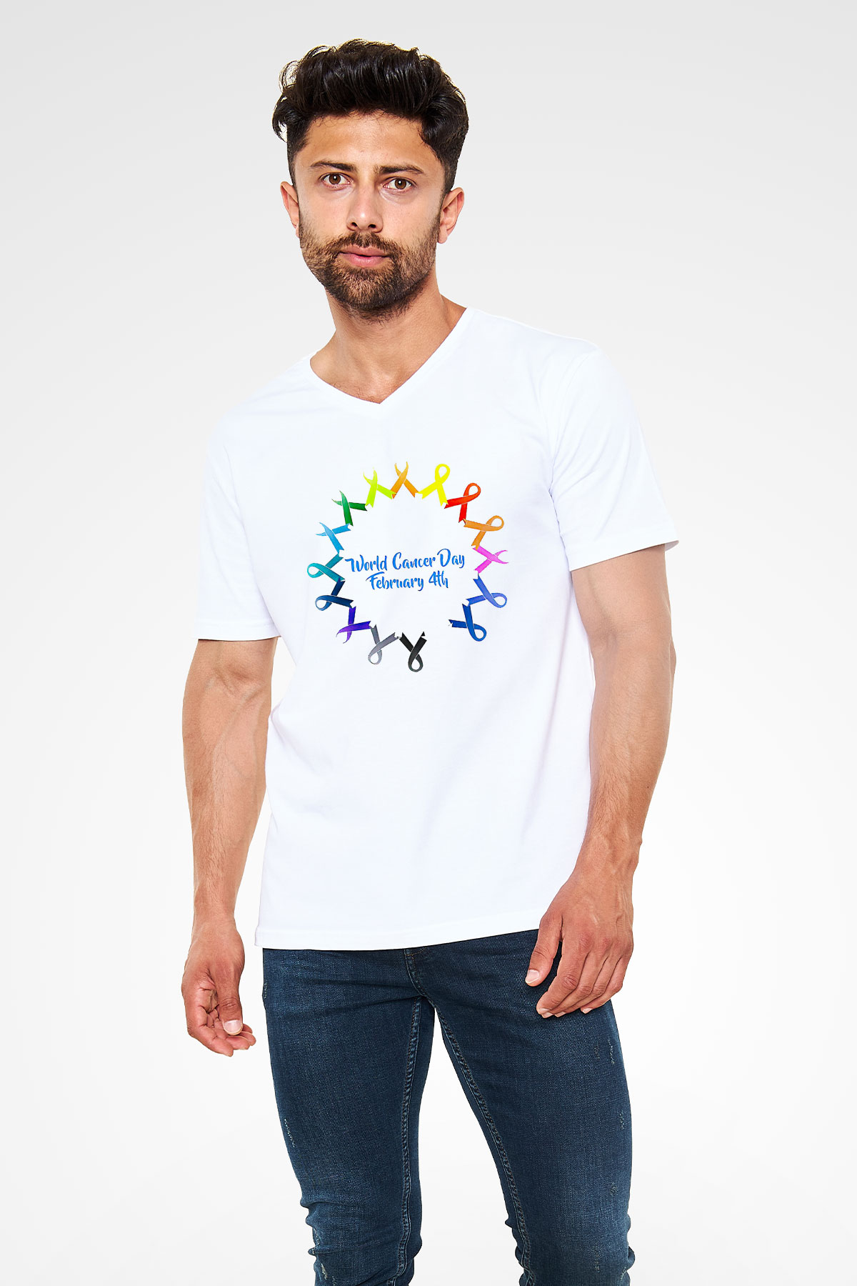 Kanser Günü Baskılı Beyaz Unisex V Yaka Tişört - Tshirt