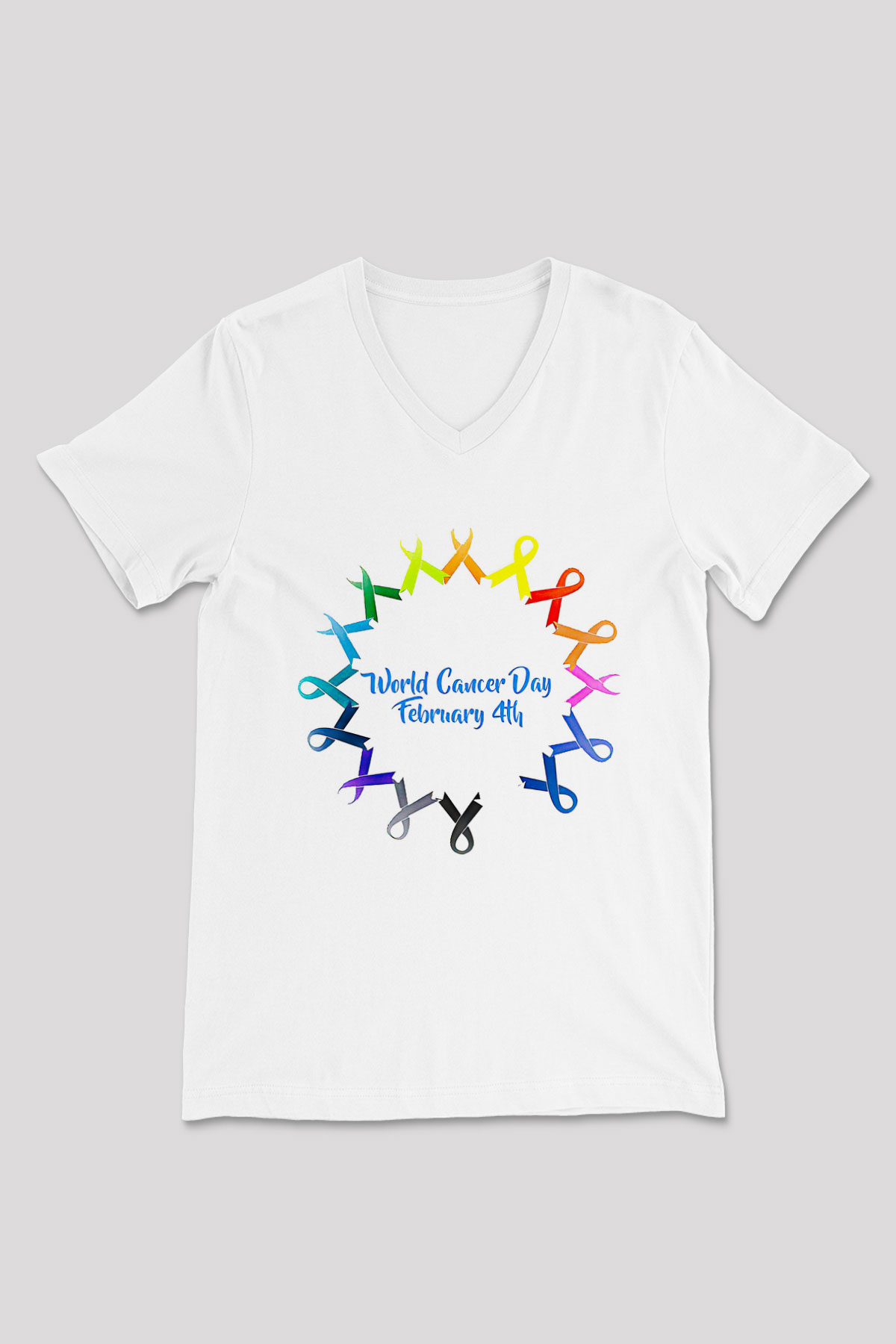Kanser Günü Baskılı Beyaz Unisex V Yaka Tişört - Tshirt