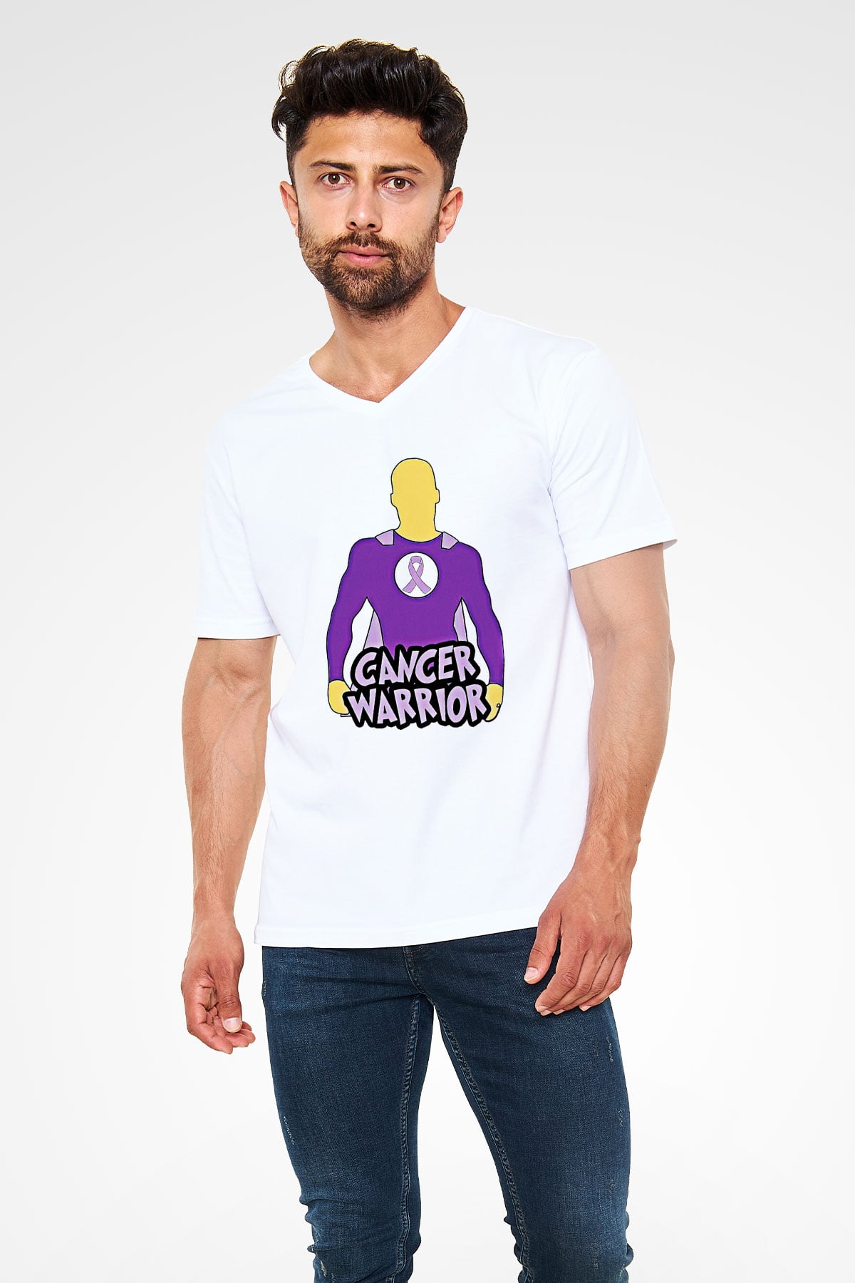Kanser Günü Baskılı Beyaz Unisex V Yaka Tişört - Tshirt