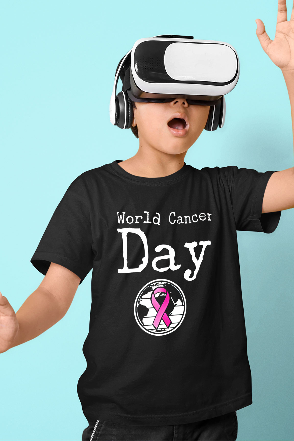 Kanser Günü Baskılı Unisex Siyah Çocuk Tişört - Tshirt