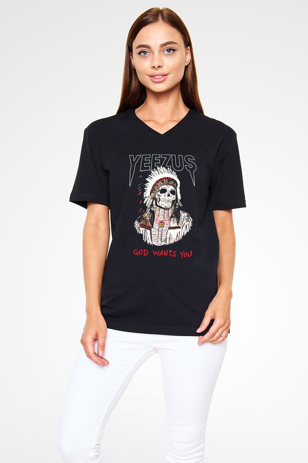 Kanye West Siyah Unisex V Yaka Tişört T-Shirt