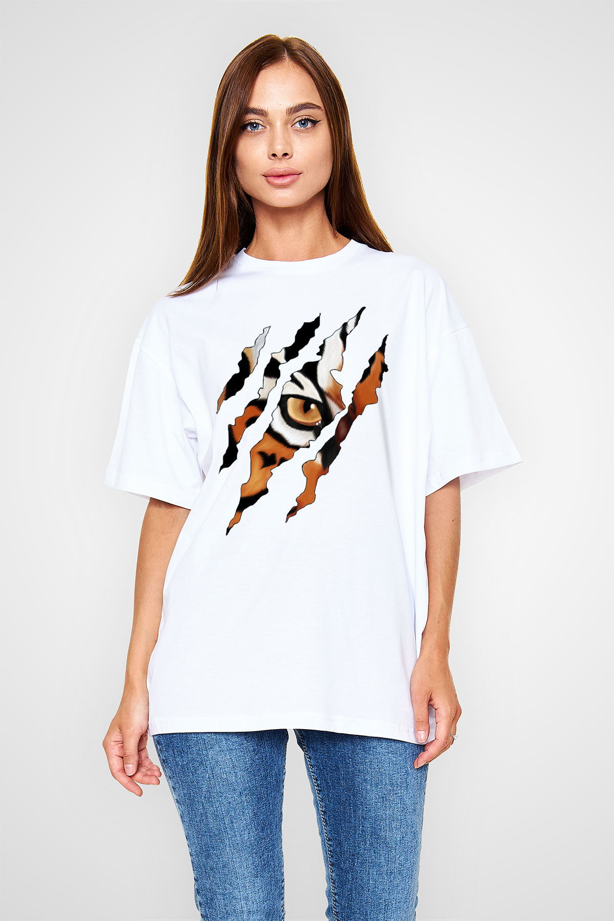 Kaplan Beyaz Unisex Oversize Tişört T-Shirt