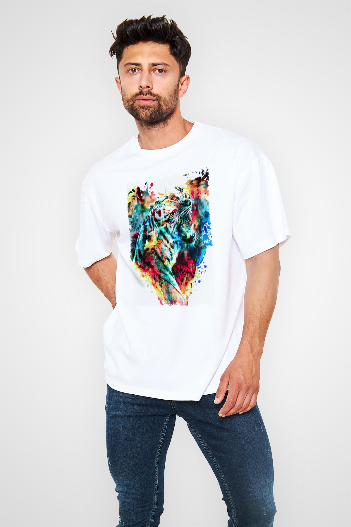 Kaplan Beyaz Oversize Tişört Oversize T-shirt - TişörtFabrikası