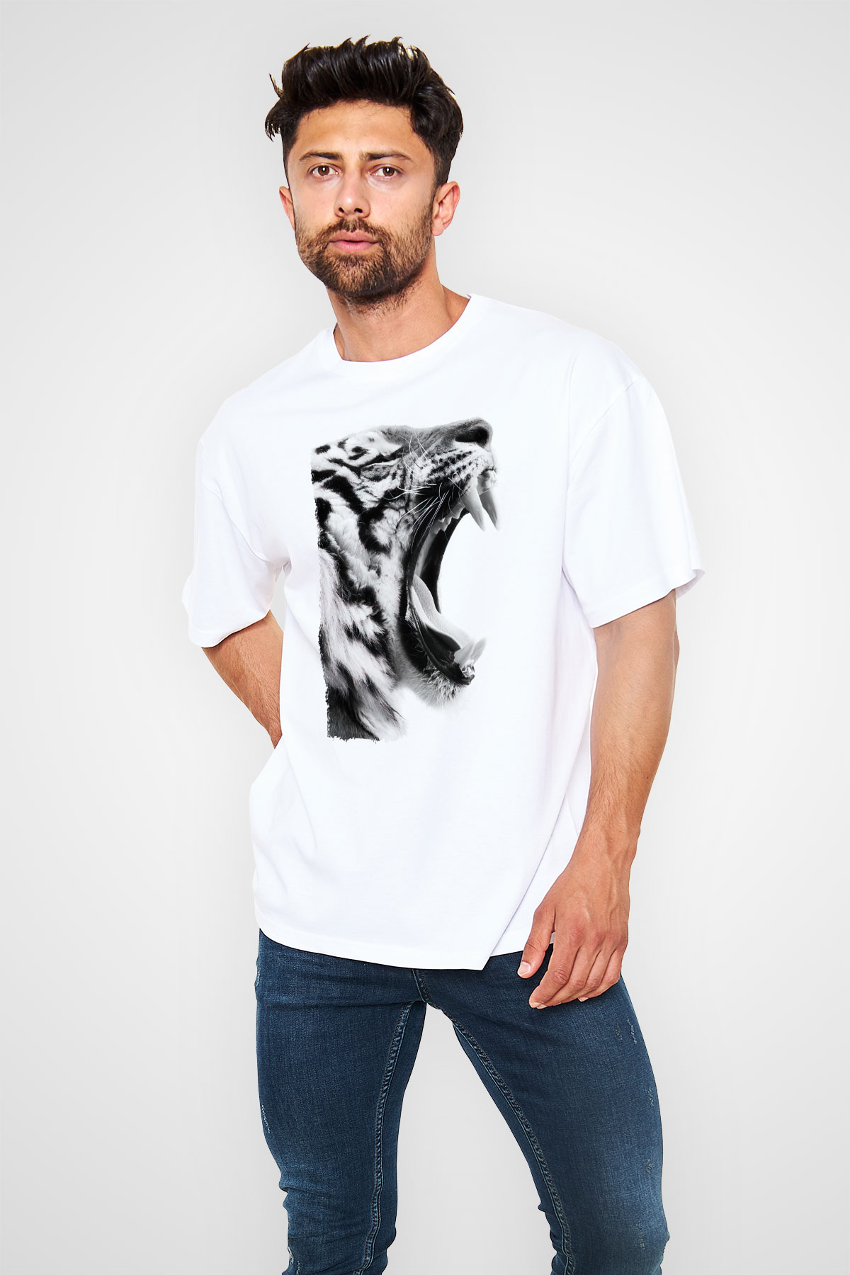 Kaplan Beyaz Oversize Tişört Oversize T-shirt - TişörtFabrikası