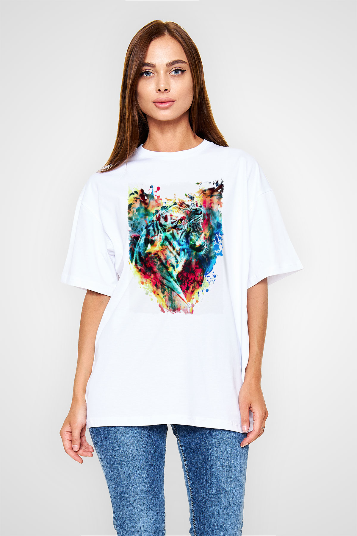Kaplan Beyaz Oversize Tişört Oversize T-shirt - TişörtFabrikası