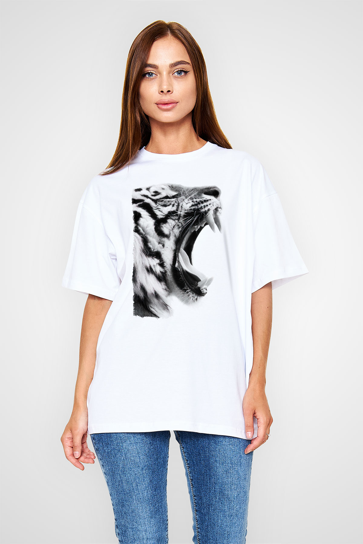 Kaplan Beyaz Oversize Tişört Oversize T-shirt - TişörtFabrikası