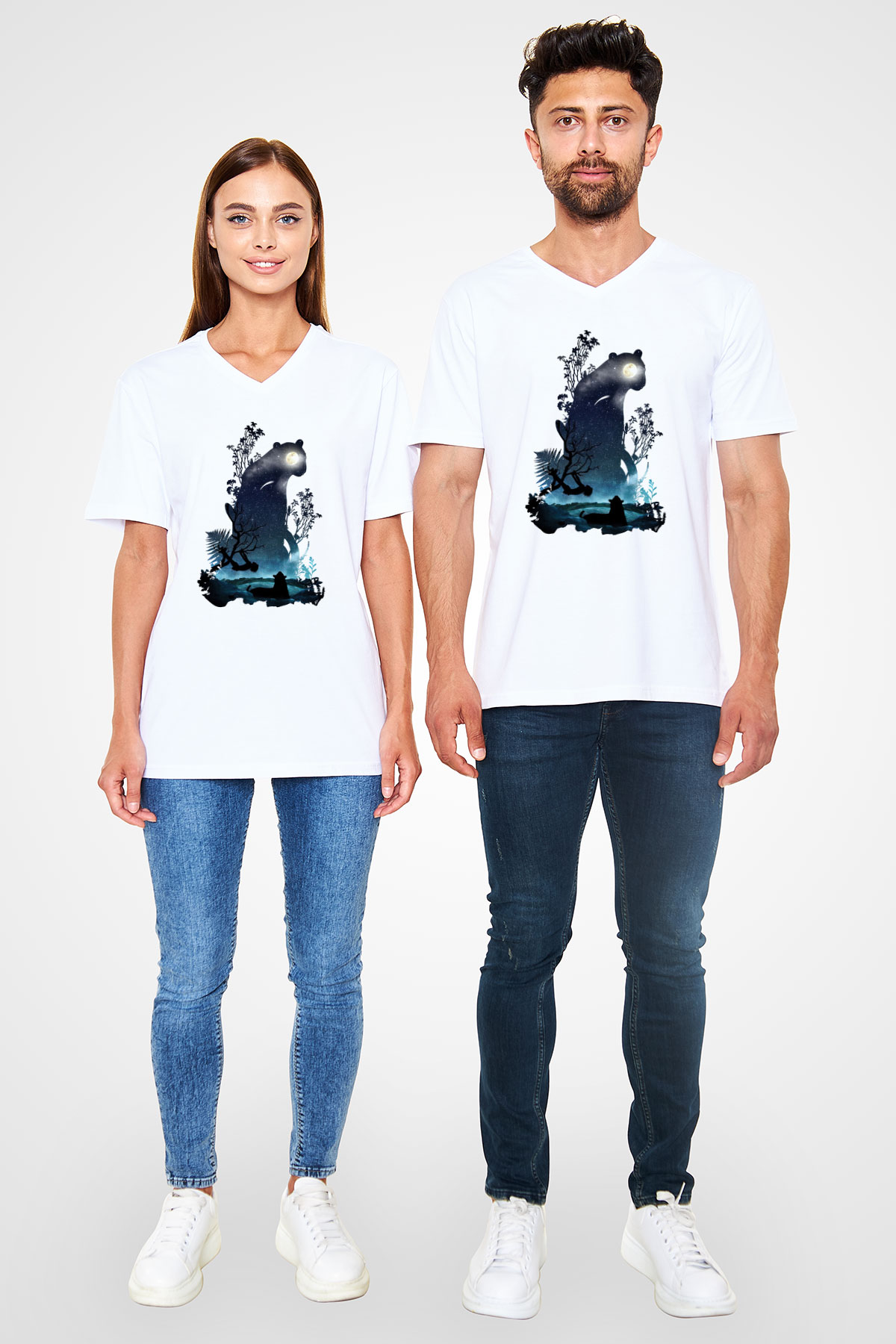 Kaplan Beyaz Unisex V Yaka Tişört