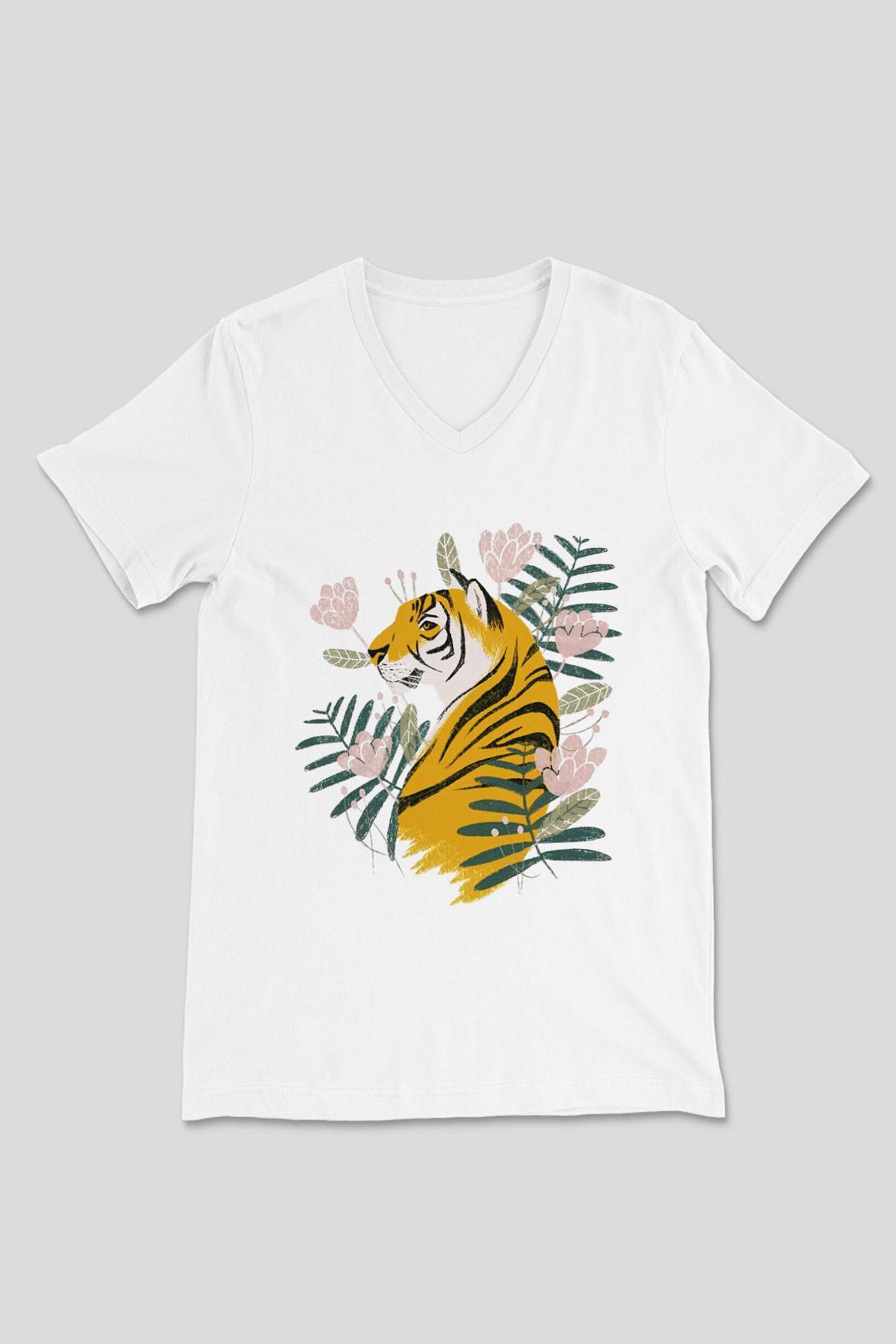 Kaplan Beyaz Unisex V Yaka Tişört T-Shirt