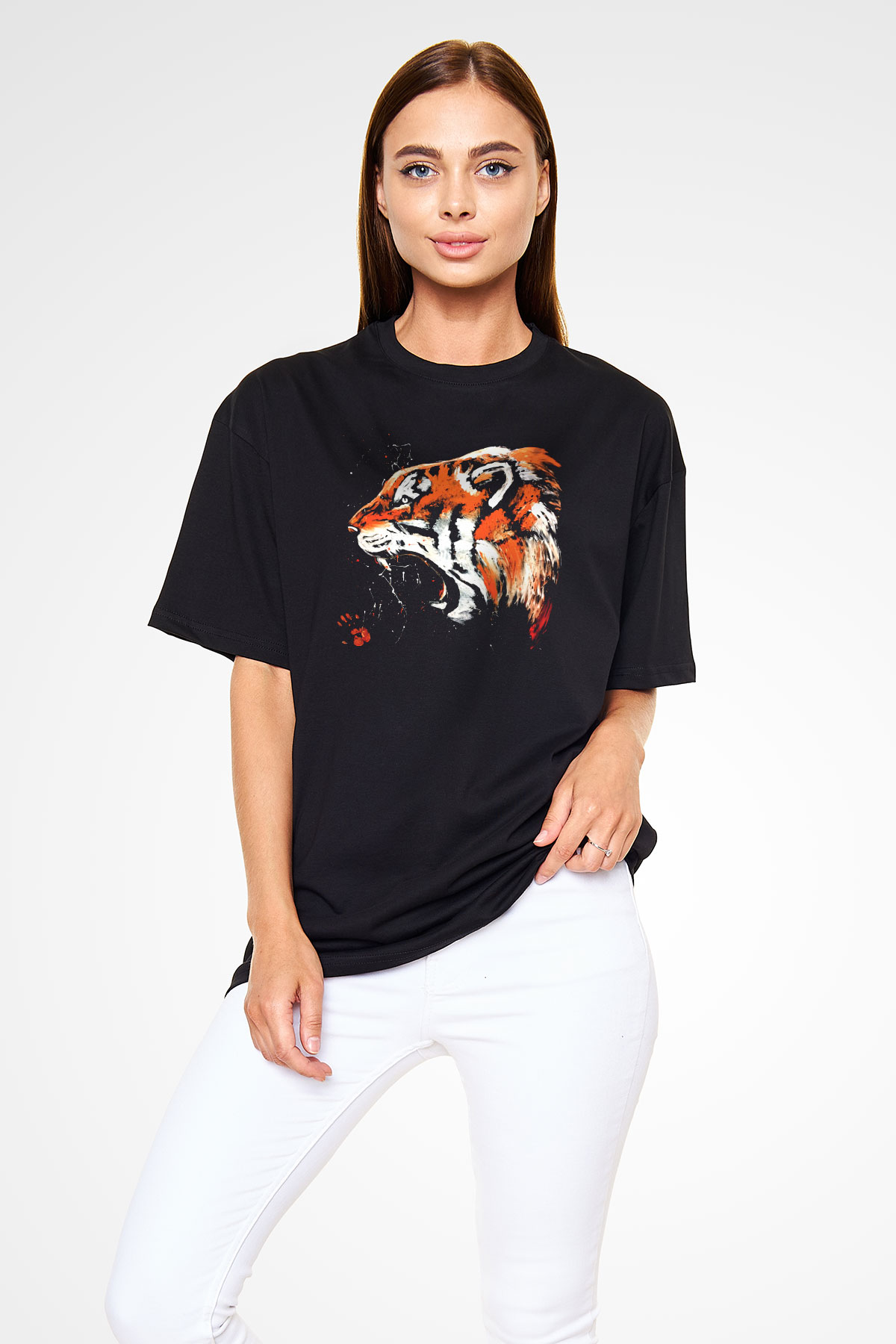 Kaplan Siyah Unisex Oversize Tişört T-Shirt