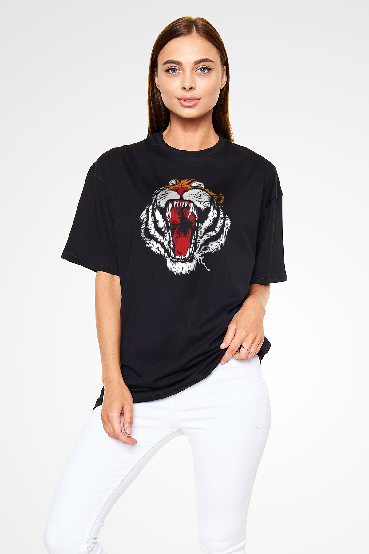 Kaplan Siyah Unisex Oversize Tişört T-Shirt