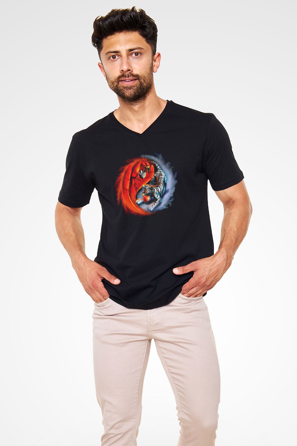 Kaplan Siyah Unisex V Yaka Tişört