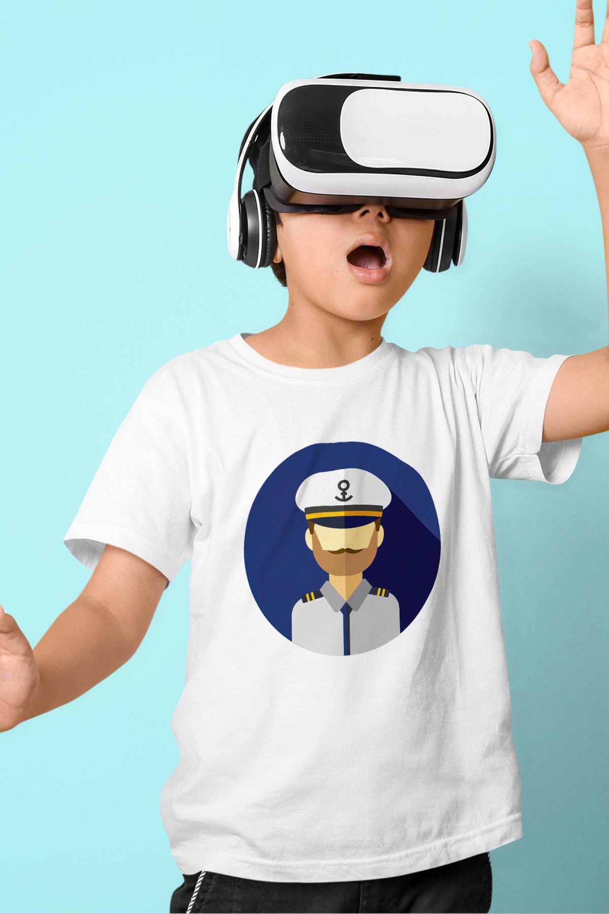 Kaptan Baskılı Beyaz Unisex Çocuk Tişört