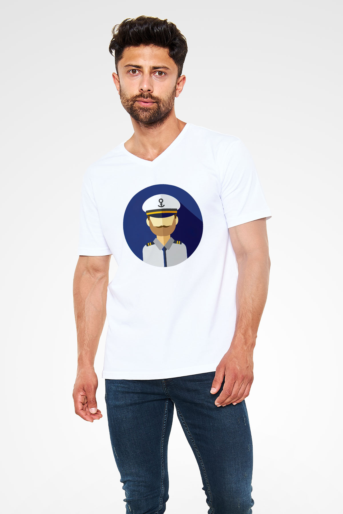 Kaptan Beyaz Unisex V Yaka Tişört T-Shirt